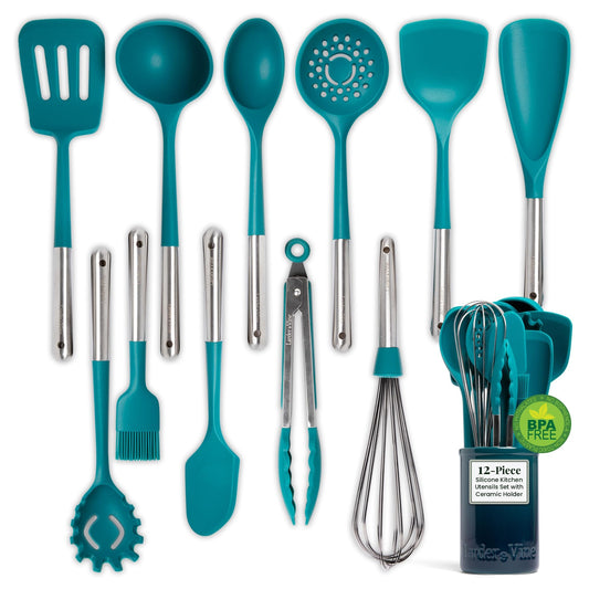 12pc Silicone Kitchen Utensils with Stainless Steel handles and Ceramic holder