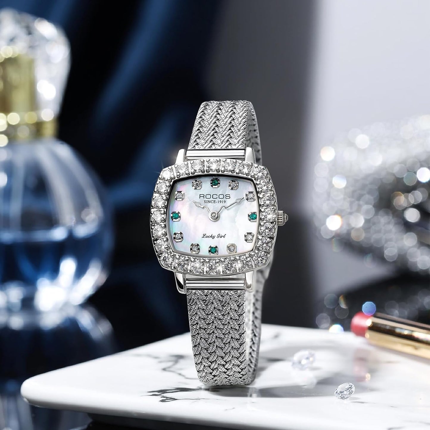 ROCOSJEWE Luxury Silver Diamond Ladies Watch for Women, Square Quartz Wrist Watch with Natural Mother-of-Pearl Dial, Elegant Small Dial, Premium Branded Women’s Watch, Gift for Women R0264