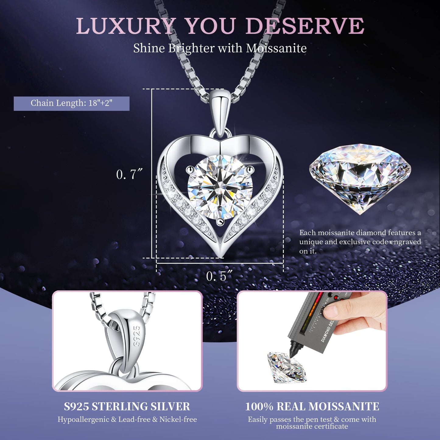 Gorgeous Moissanite Necklaces for Women - Sterling Silver 1-3CT D Color Moissanite Pendant Necklace, Mother Day Birthday Gifts for Mom Wife Girlfriend Daughter, Wedding Anniversary Christmas Jewelry Gift