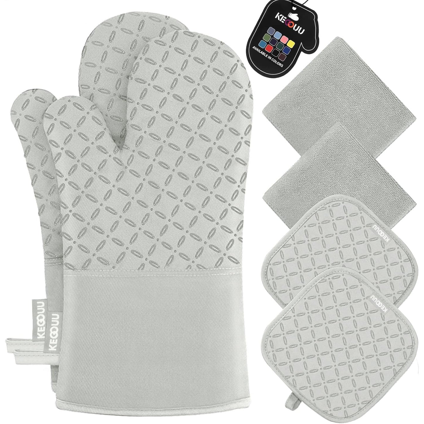 KEGOUU Oven Mitts and Pot Holders 6pcs Set, Kitchen Oven Glove High Heat Resistant 500 Degree Extra Long Oven Mitts and Potholder with Non-Slip Silicone Surface for Cooking (Gray)