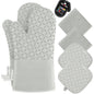 KEGOUU Oven Mitts and Pot Holders 6pcs Set, Kitchen Oven Glove High Heat Resistant 500 Degree Extra Long Oven Mitts and Potholder with Non-Slip Silicone Surface for Cooking (Gray)