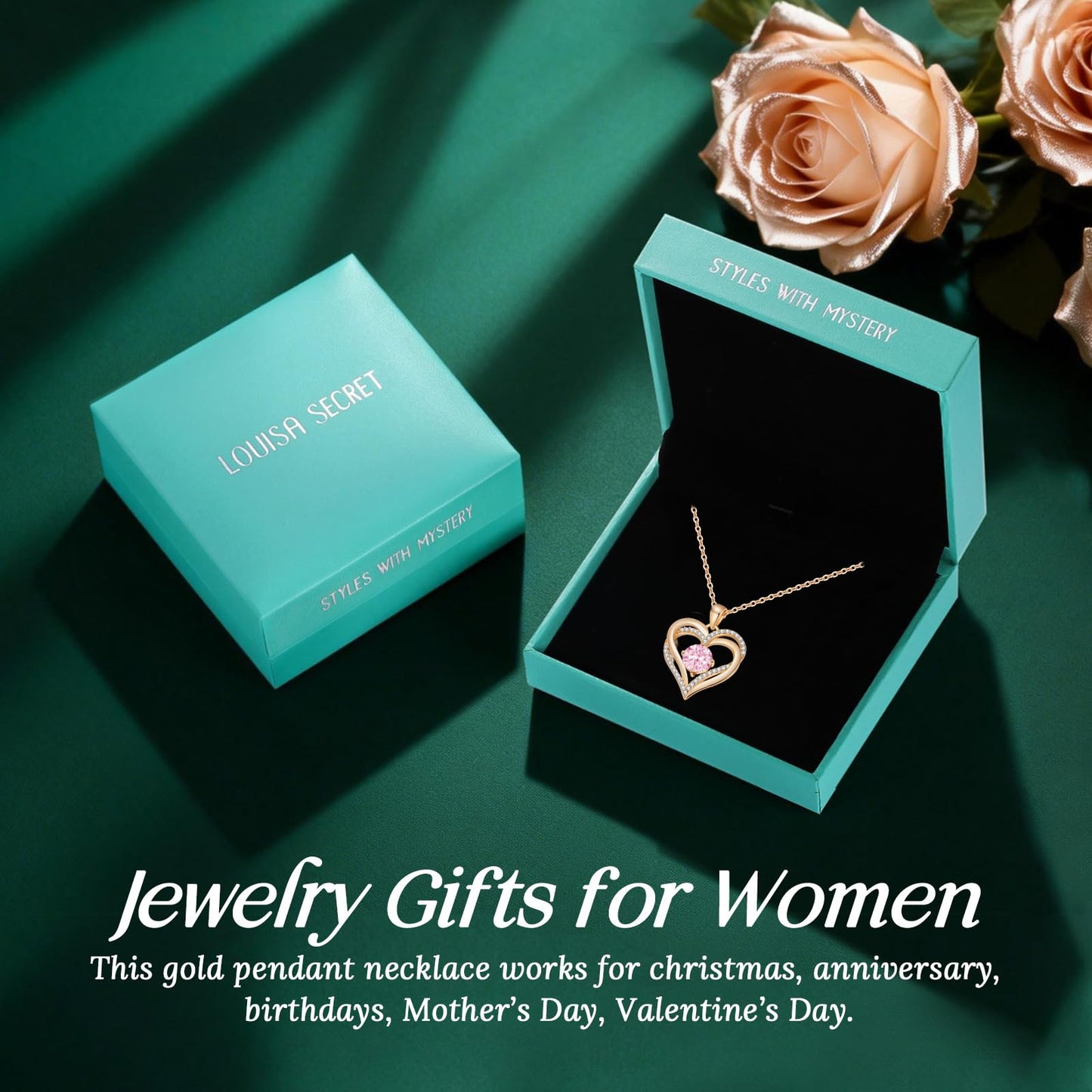 LOUISA SECRET Double Love Heart Birthstone Necklaces for Women, Birthday Gift for Girlfriend, Anniversary Jewelry Gift for Her, 925 Sterling Silver Jewelry Christmas Anniversary Birthday Present Gifts for Wife Girlfriend Mom Grandma Daughter