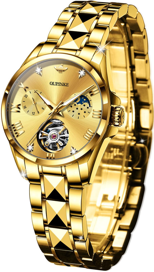 OUPINKE Women Automatic Watches Luxury Diamond Flywheel Two-Tone Stainless Tungsten Steel Band Moon Phase 24 Hours