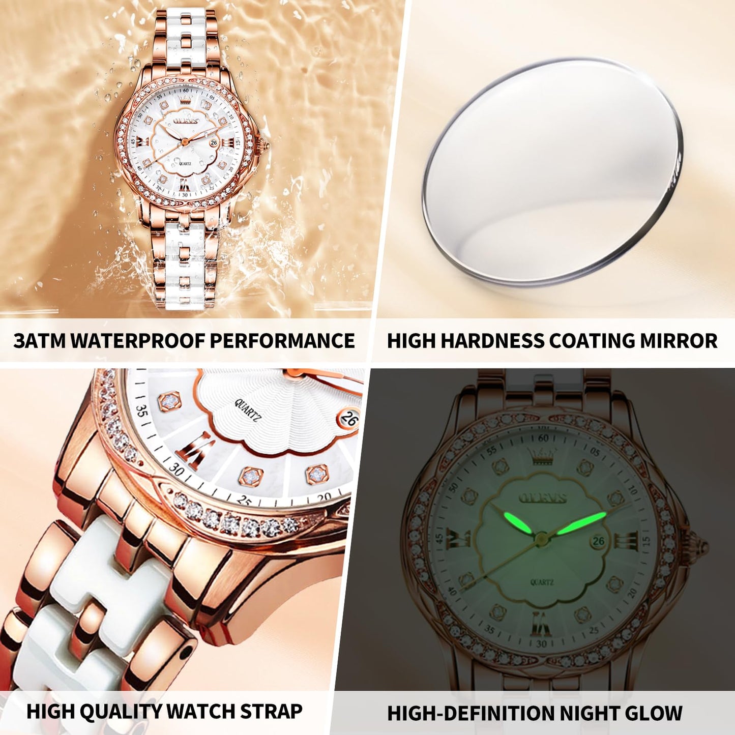 OLEVS Women's Watch Ceramic Band Waterproof Dress Watch Analog Quartz Watches Elegant Luxury Comfortable Wrist Watches with Date Day & Diamond White/Pink/Black Dial Gift for Her Reloj para Mujer