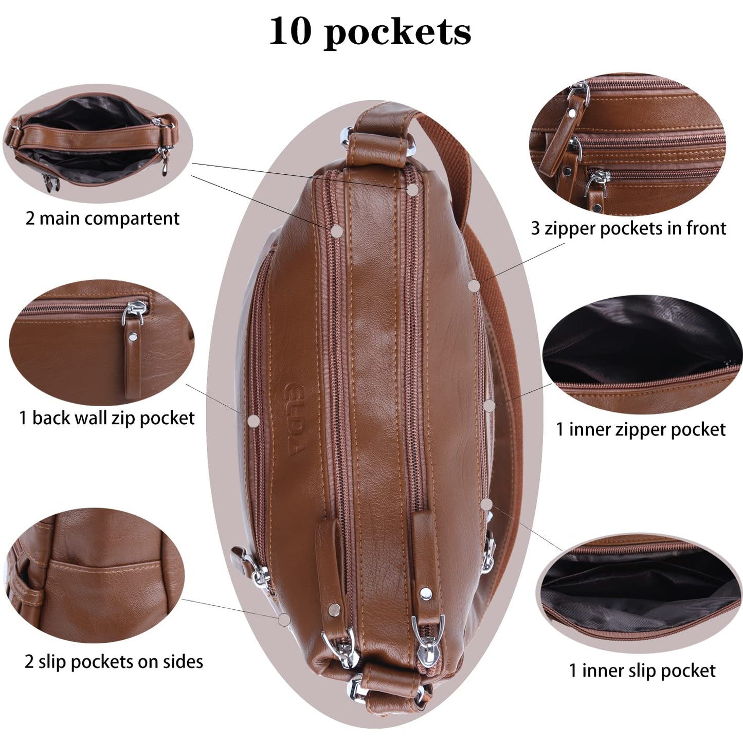 ELDA 10 Pockets Crossbody Purses for Women Medium Pocketbooks Lightweight Ladies Satchel Bag Multi Pocket Shoulder Handbag