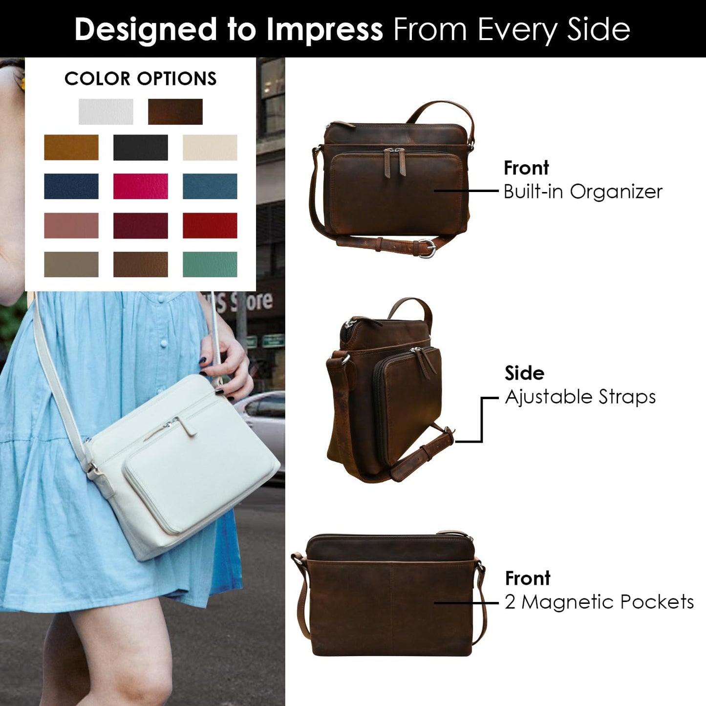 ili New York Genuine Leather Crossbody Bags for Women - Premium RFID Blocking Shoulder Bag Organizer with Adjustable Strap
