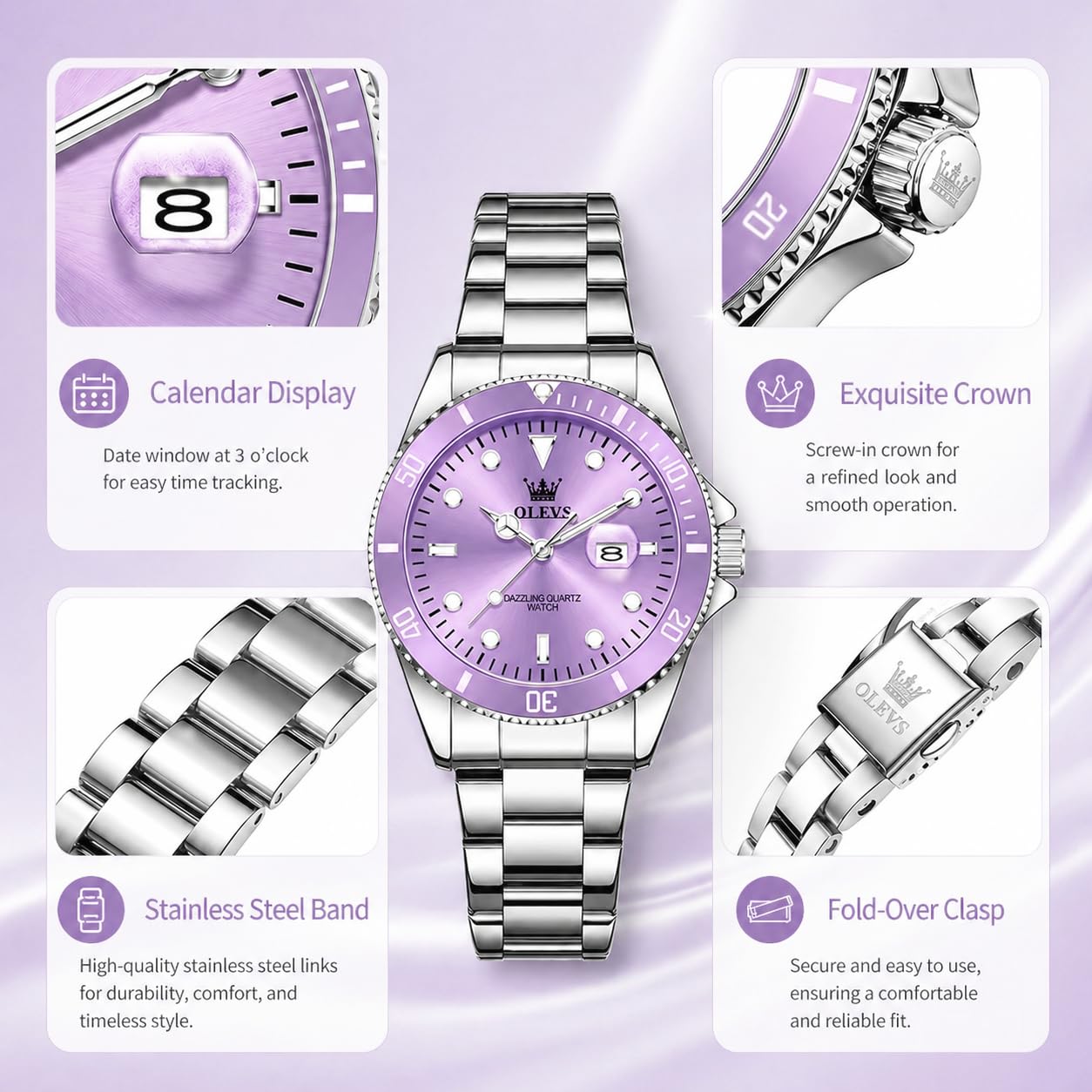 OLEVS Watch Women Silver Watches for Women Luxury for Small Wrists Dress Stainless Steel Women's Wrist Watches Easy to Read Reloj para Mujer Black/Blue/Gold/Green/Pink/Purple