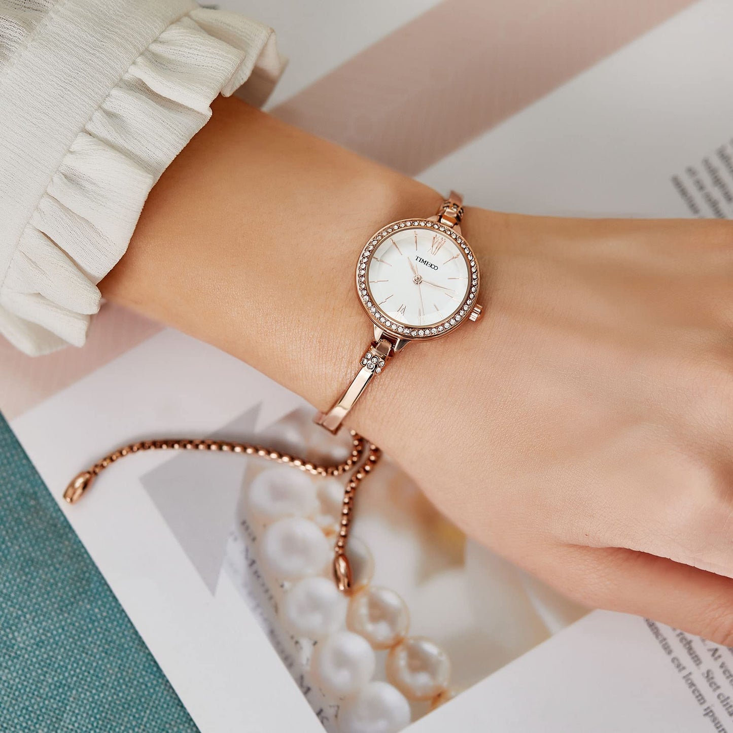 TIME100 Women's Bracelet Watches Ladies Quartz Wrist Watch with Green Dial Bezel with Crystals in Movement Bracelet Strap with Diamonds Waterproof