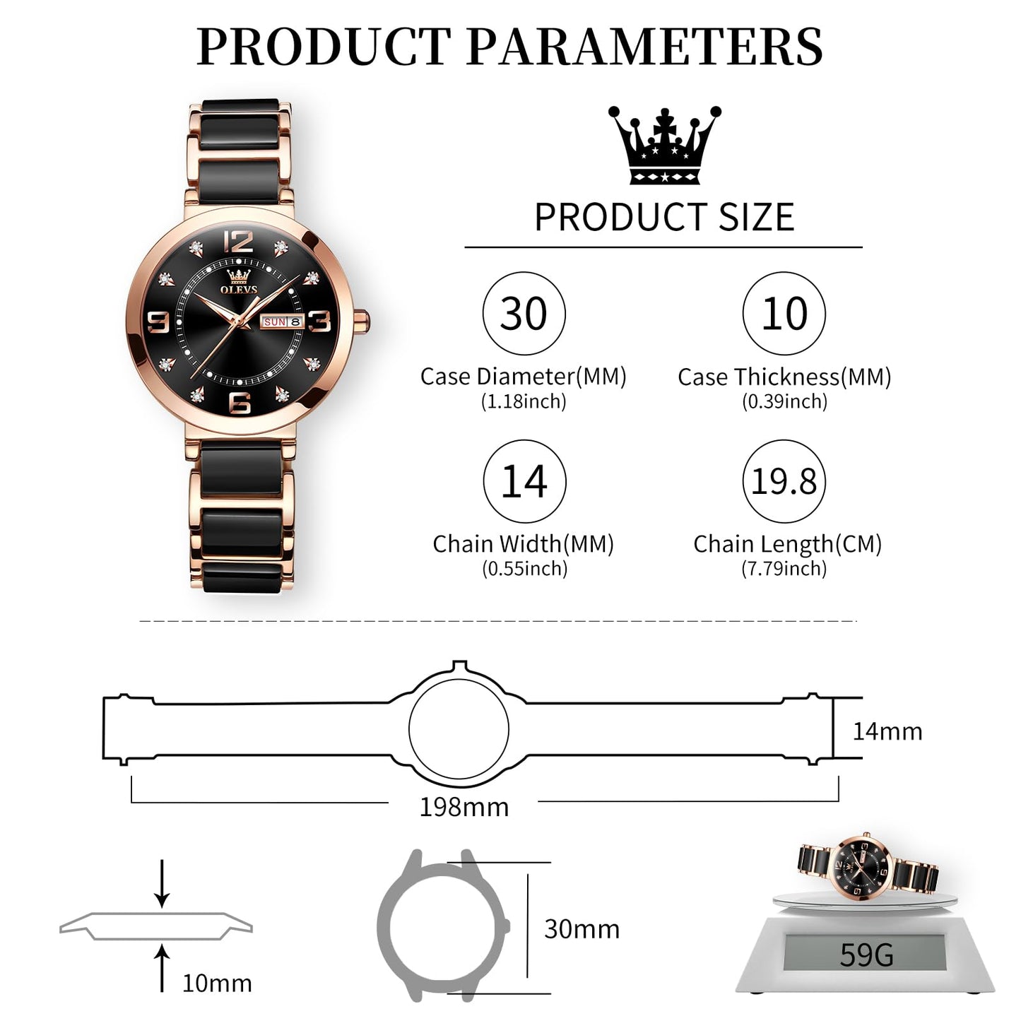 OLEVS Women's Watch Ceramic Band Waterproof Dress Watch Analog Quartz Watches Elegant Luxury Comfortable Wrist Watches with Date Day & Diamond White/Pink/Black Dial Gift for Her Reloj para Mujer