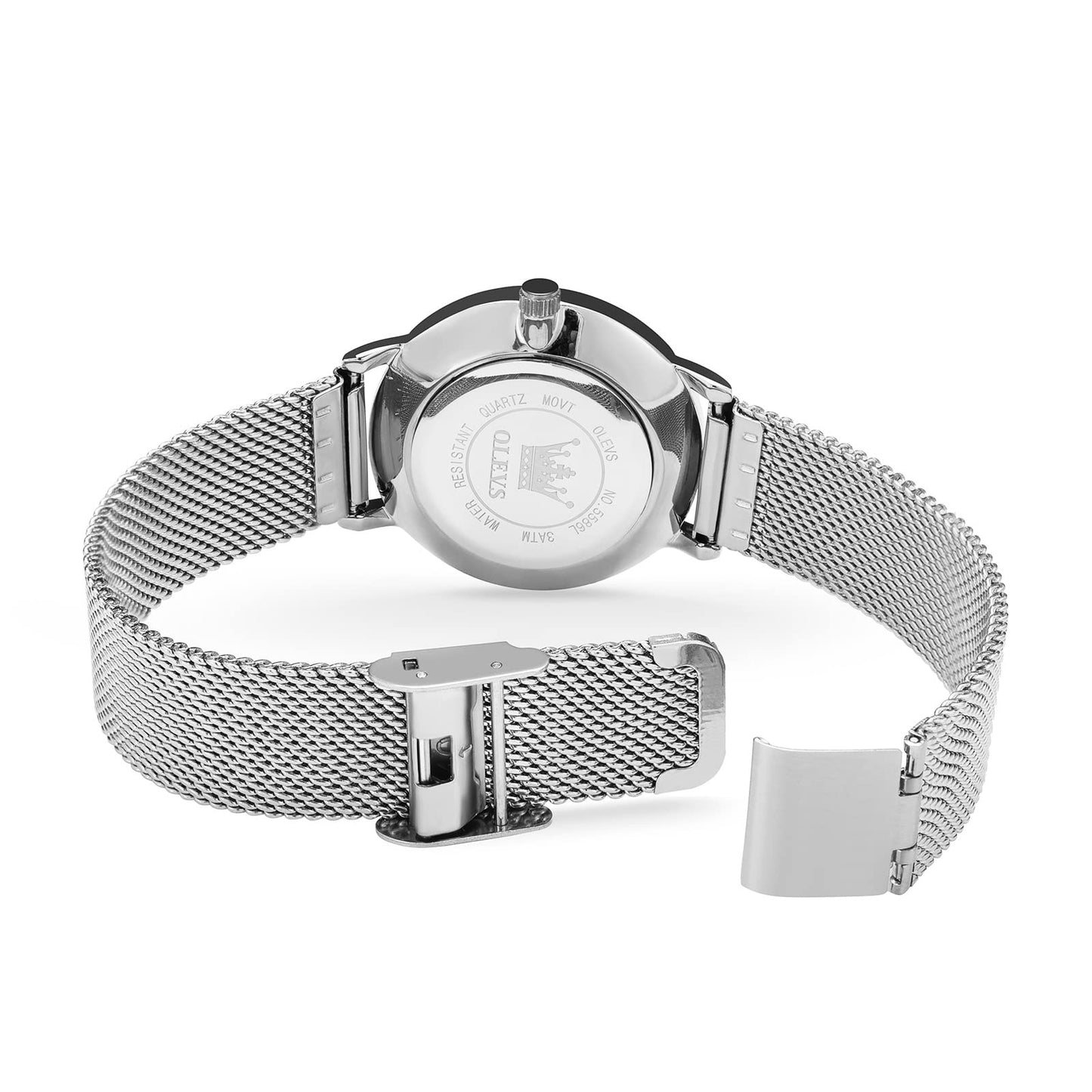 OLEVS Women's Mesh Bracelet Watch, Elegant Large Face Three Hand Analog Quartz Womens Wristwatch, Pretty Slim Date Display Waterproof Ladies Watches for Small Wrists