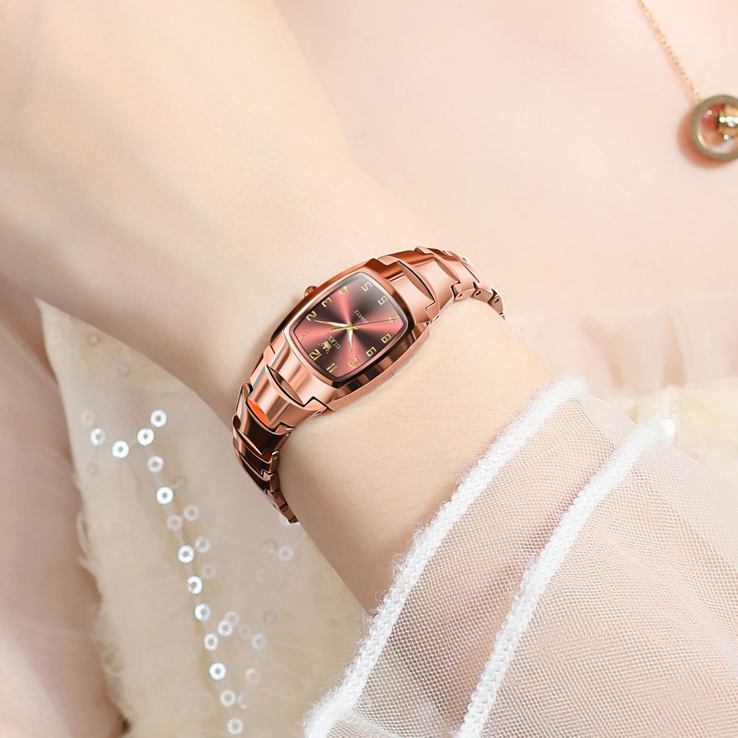 OLEVS Watch Women Luxury Classic Stainless Steel Small Wrist Dress Watches for Women Waterproof Analog Day Date Dainty Fashion Dress Female Watch-(Black/Rose Gold/Gold Face)