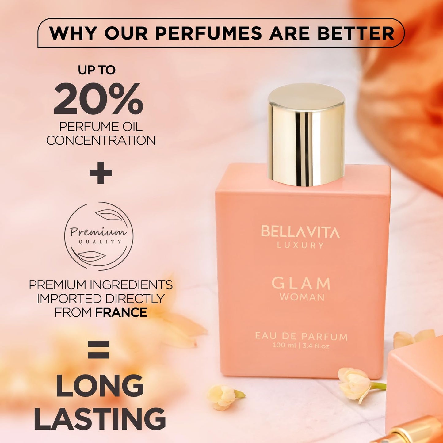 Bellavita Luxury Glam Eau de Parfum | 100 ml (3.4 fl.oz.) | Perfume for Women | White Floral, African Orange, Jasmine, and Patchouli Notes | Long Lasting Fragrance | Mother's Day present | for women