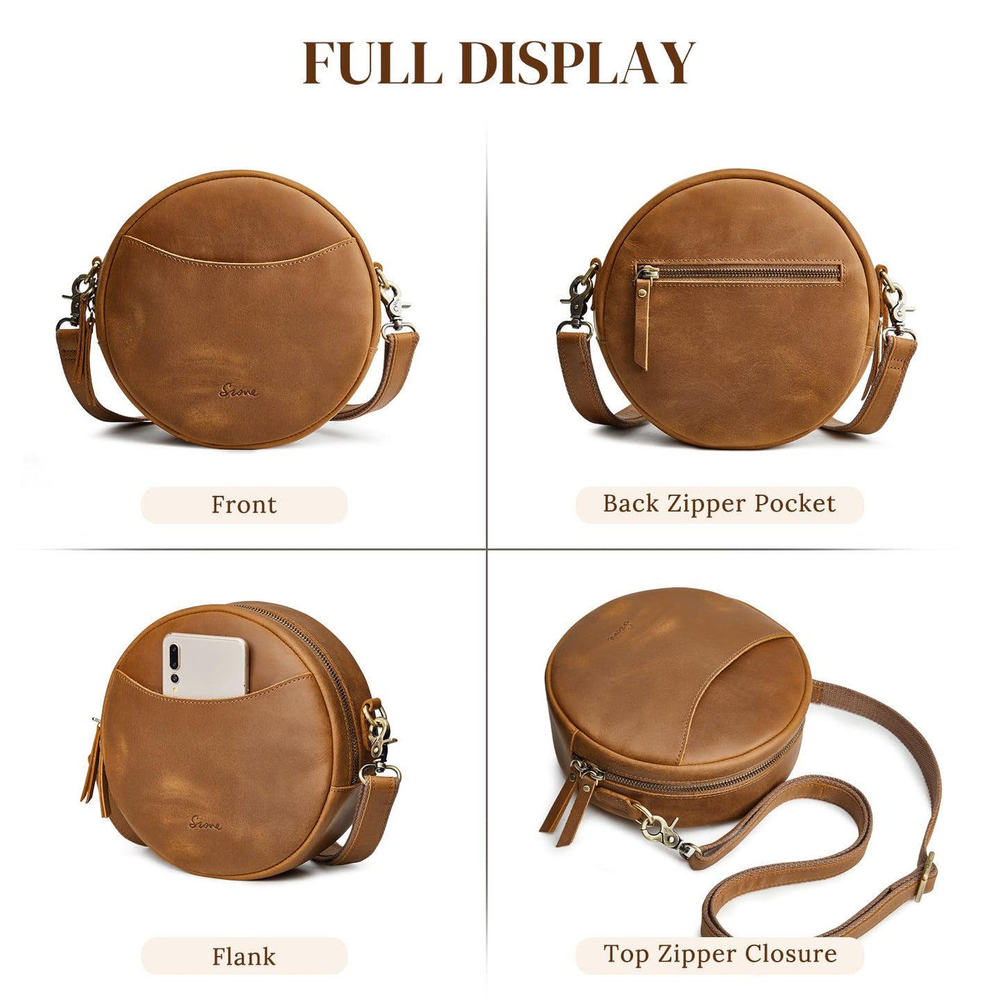 S-ZONE Leather Crossbody Bags for Women Circle Shoulder Round Purse Travel | Top Grain Leather, Keychain, Designer Handbag, Vintage, Multi Pockets, Detachable Strap, Eveyday Outing