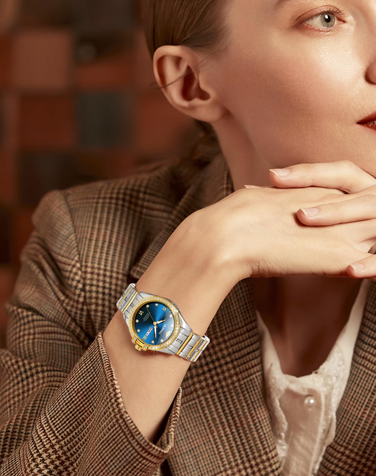 OUPINKE Women Automatic Watches Luxury Diamond Flywheel Two-Tone Stainless Tungsten Steel Band Moon Phase 24 Hours