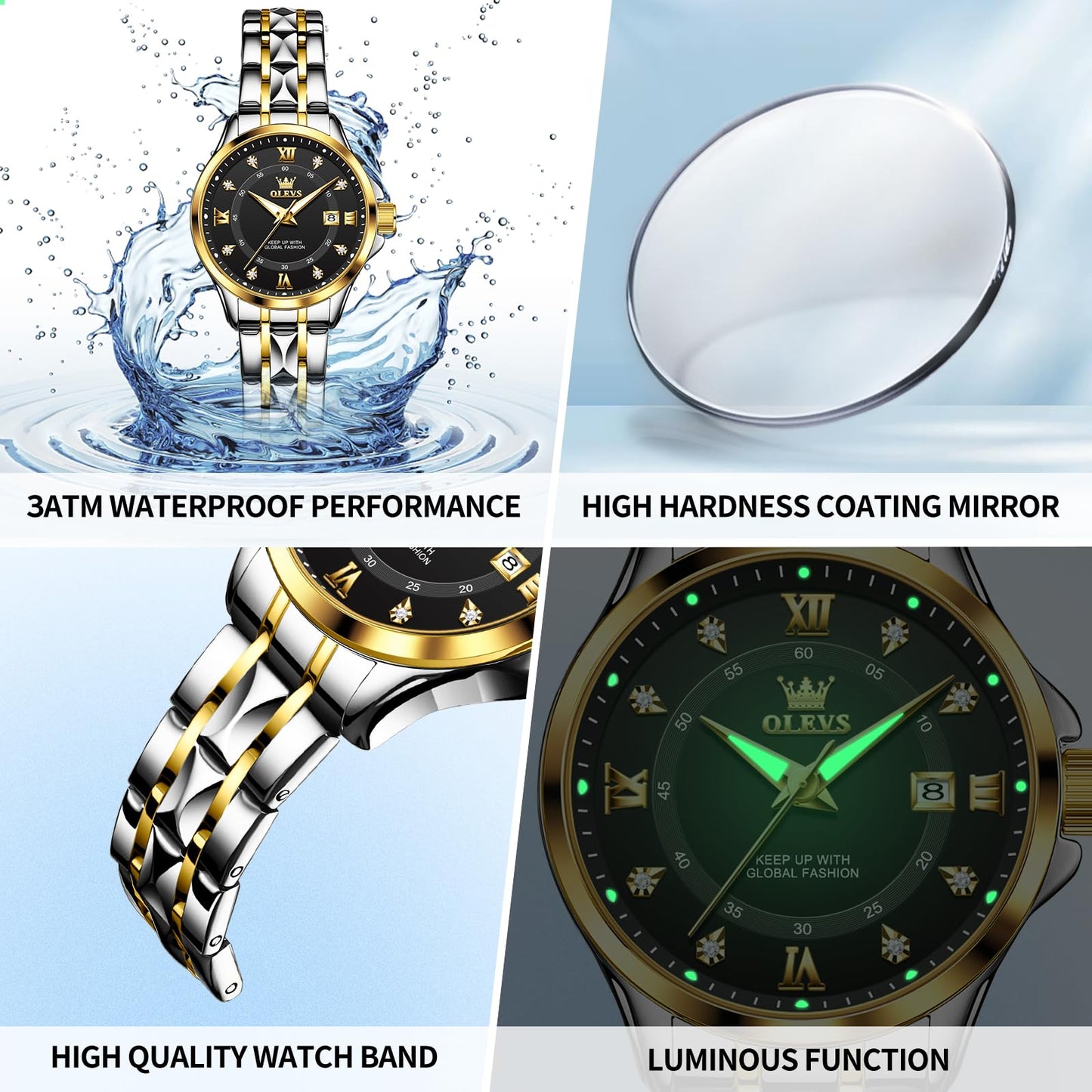 OLEVS Watch Women Two Tone Watches for Women with Date Dress Womens Watches for Small Wrists Luxury Easy Read Womens Watch Waterproof Blue/Black/Gold/Silver Dial Reloj para Mujer