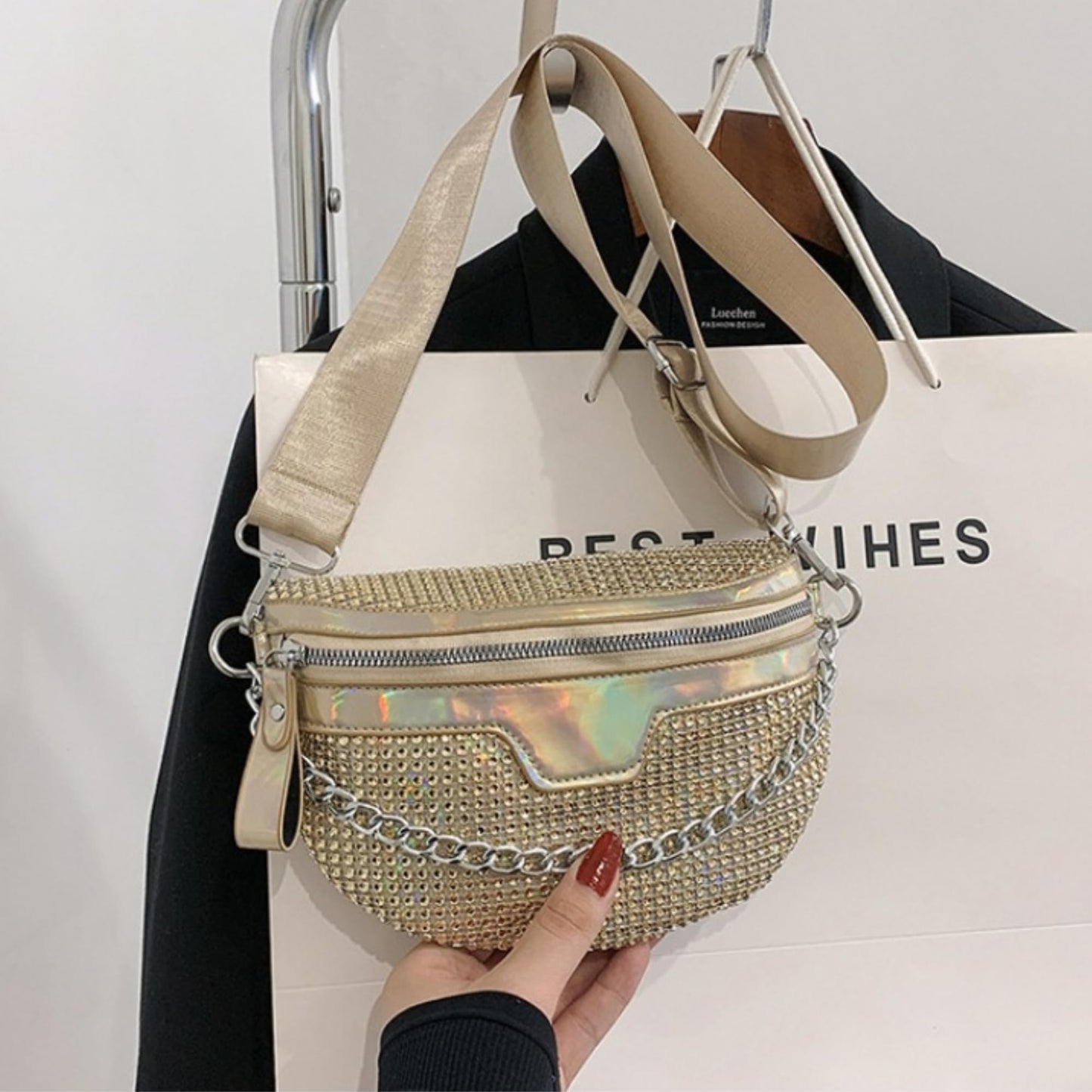 Thick Chain Women's Fanny Pack Plaid leather Waist Bag Shoulder Crossbody Chest Bags Luxury Designer Handbags Female Belt Bag