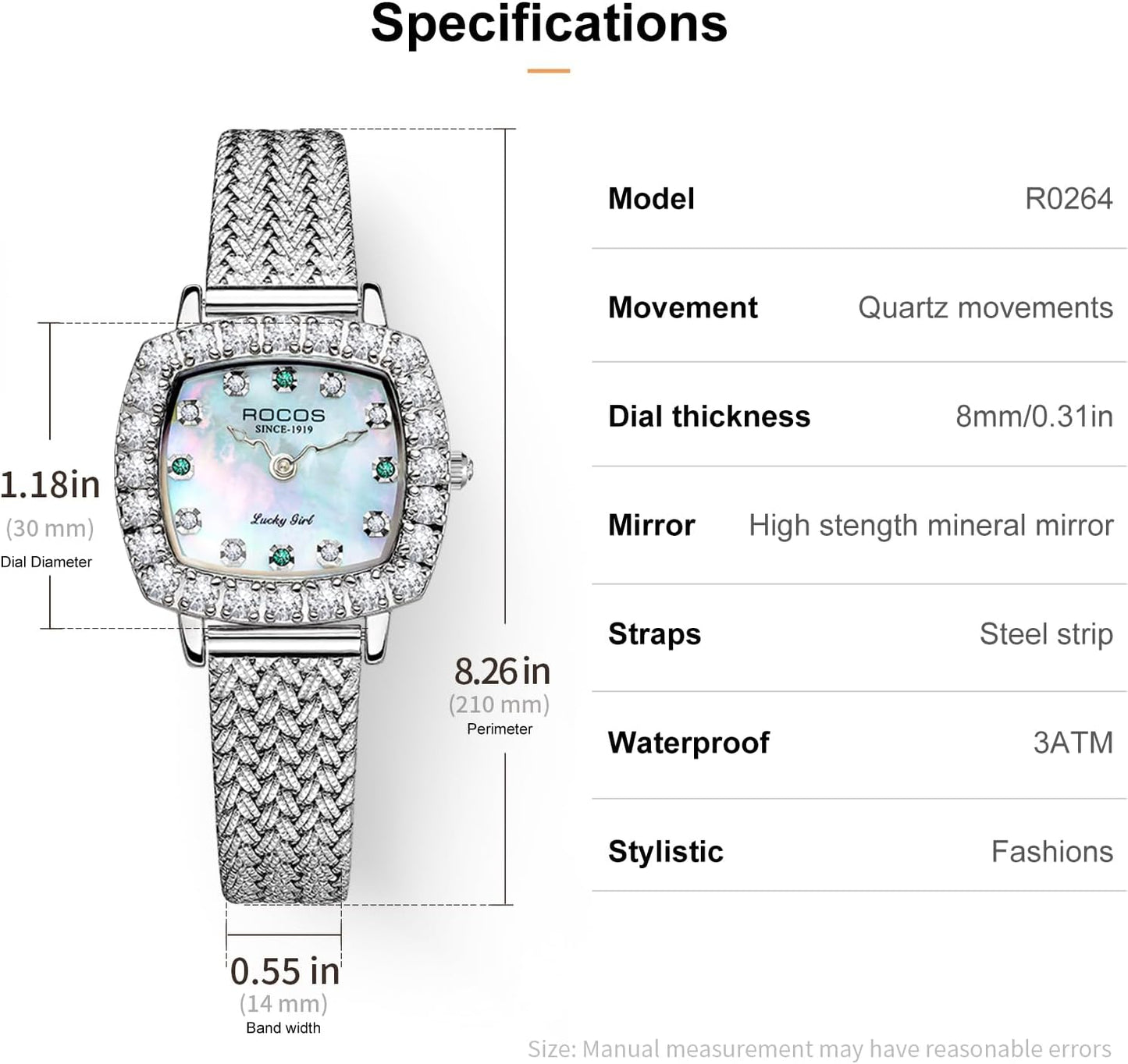 ROCOSJEWE Luxury Silver Diamond Ladies Watch for Women, Square Quartz Wrist Watch with Natural Mother-of-Pearl Dial, Elegant Small Dial, Premium Branded Women’s Watch, Gift for Women R0264