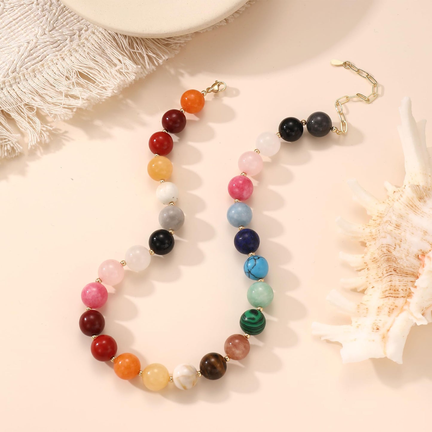 Colorful Beaded Necklace for Women Boho Statement Chunky Necklace Natural Stone Beads Gemstone Choker Necklaces Handmade Summer Beach Jewelry