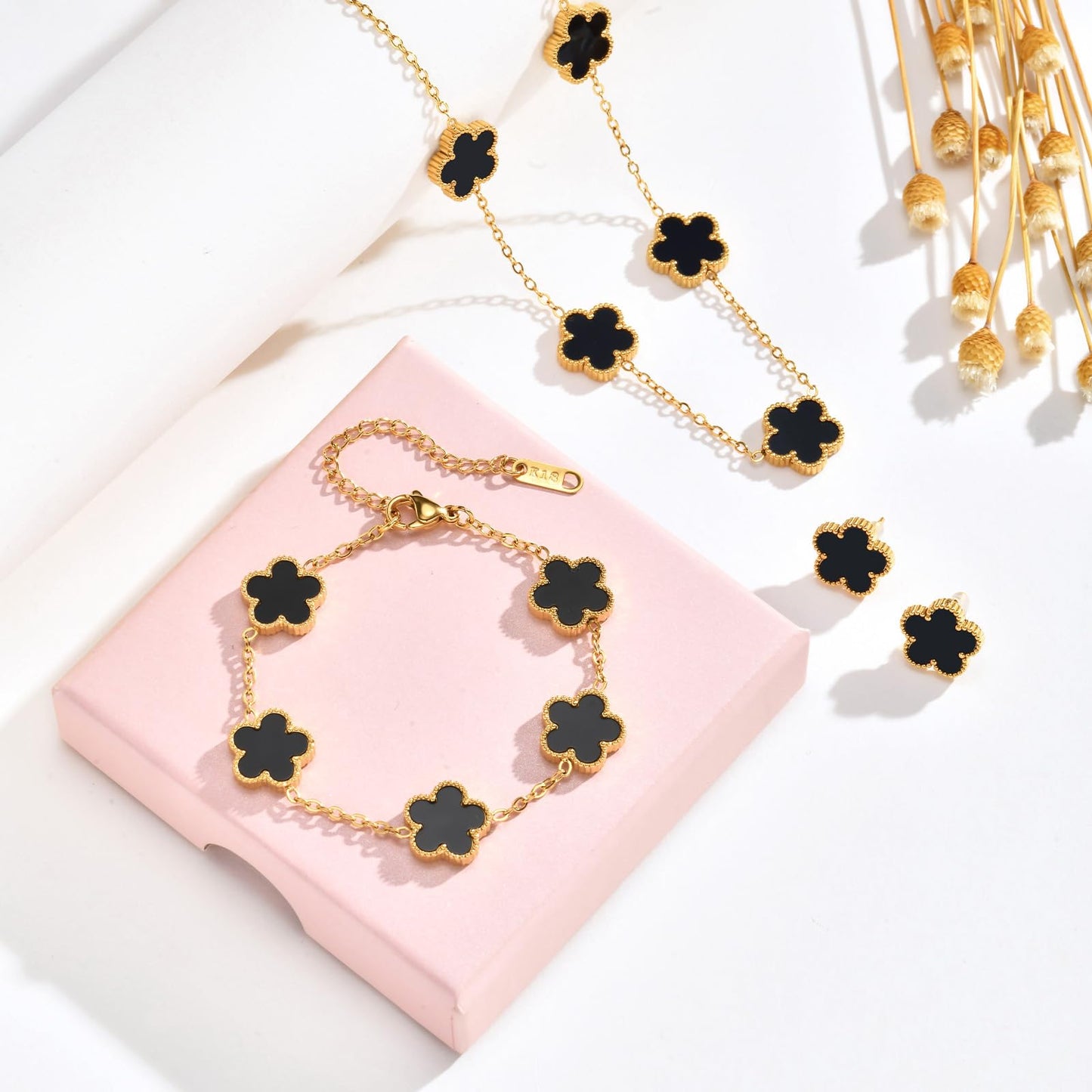 Gold Necklaces Bracelets Earring Set - 18K Gold Plated Flower Bracelet Chain,Stainless Steel Non Tarnish Floral Pendant Stud Jewelry Sets,Christmas Birthday Lucky Gift for Mom Wife Daughter Girlfriend
