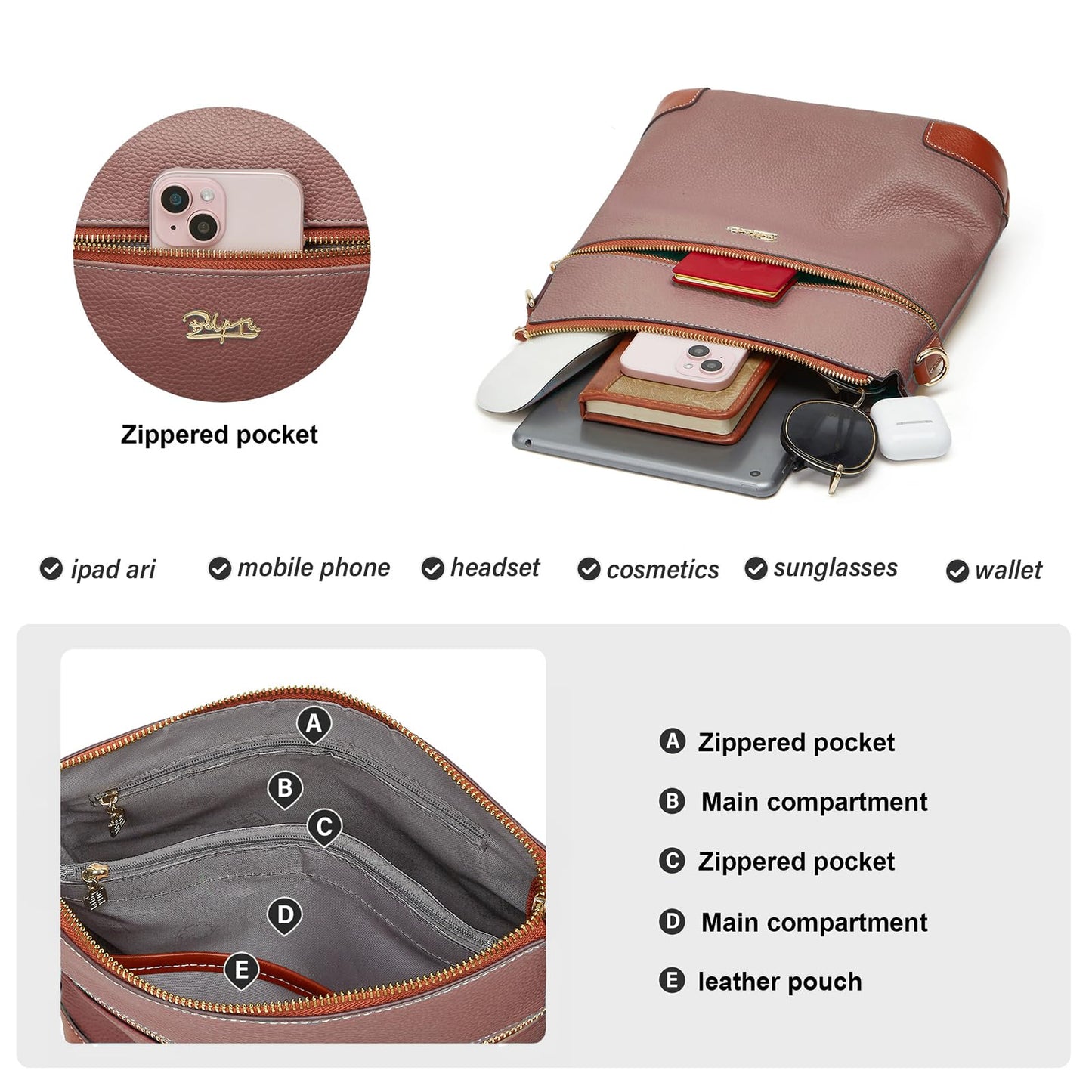 BOYATU Leather Crossbody Bag for Women: Designer Shoulder Purse for Travel - Trendy Genuine Leather Handbag for Everyday