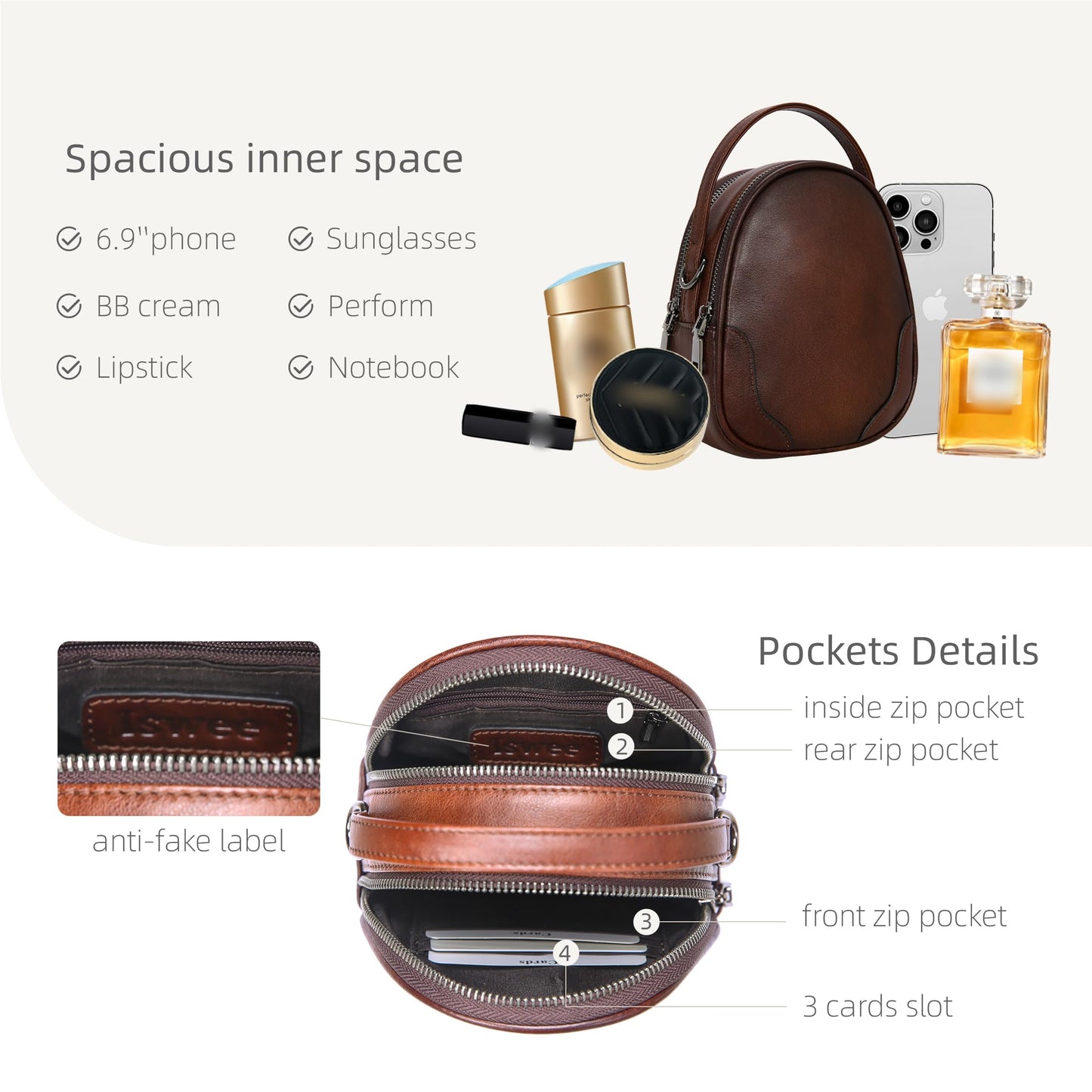 Iswee Small Crossbody Bag for Women Small Leather Shoulder Purse Phone Bag | Designer Satchel Handbags Ladies Pocketbooks with 2 Adjustable Strap 3-Way Carry Multi-pocket Organizer Mini Bag