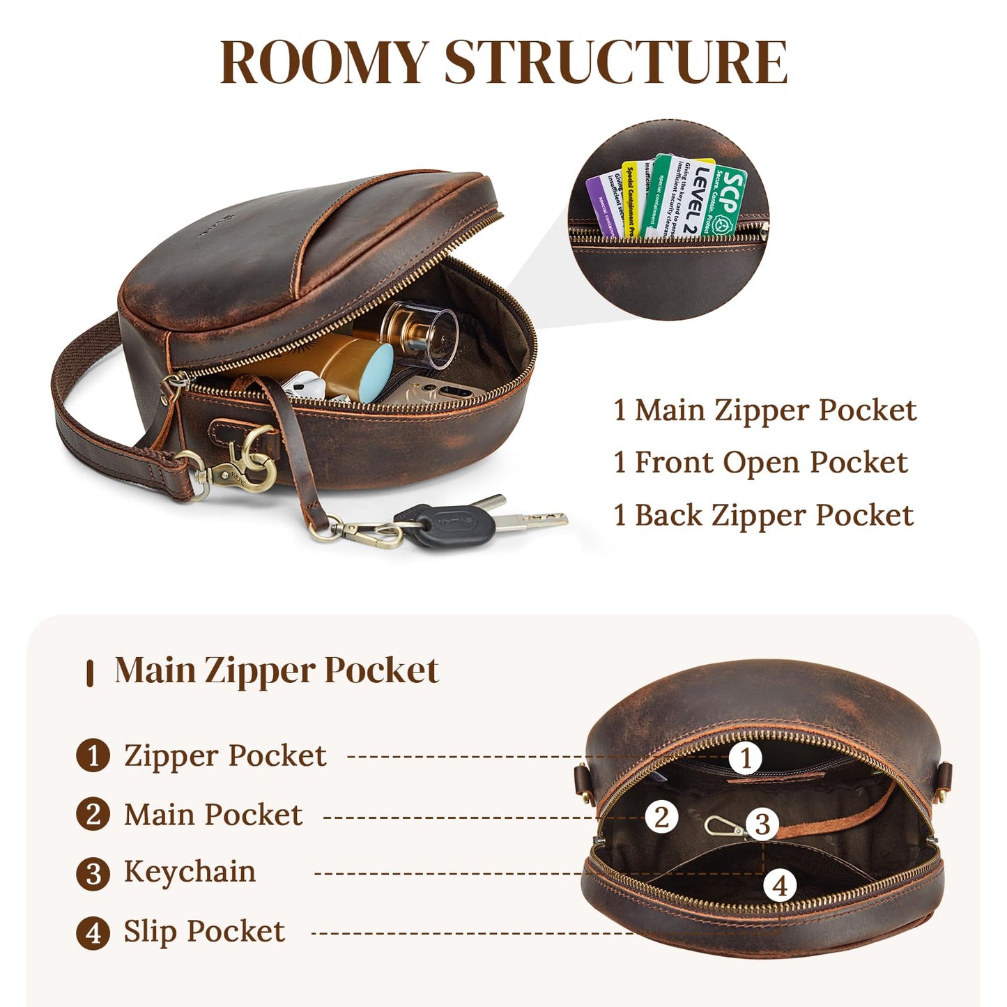 S-ZONE Leather Crossbody Bags for Women Circle Shoulder Round Purse Travel | Top Grain Leather, Keychain, Designer Handbag, Vintage, Multi Pockets, Detachable Strap, Eveyday Outing