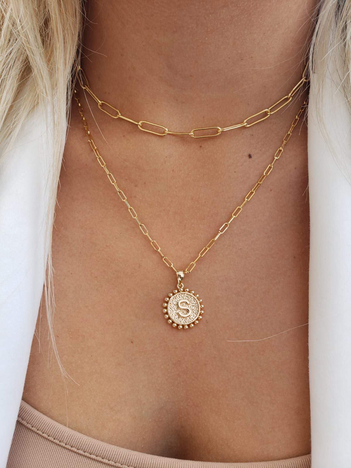 Yoosteel Layered Initial Necklaces for Women Trendy - 14K Gold-Plated Dainty Layering Paperclip Chain Coin Initial Necklace Jewelry Gifts for Women Mom Wife Teen Girls