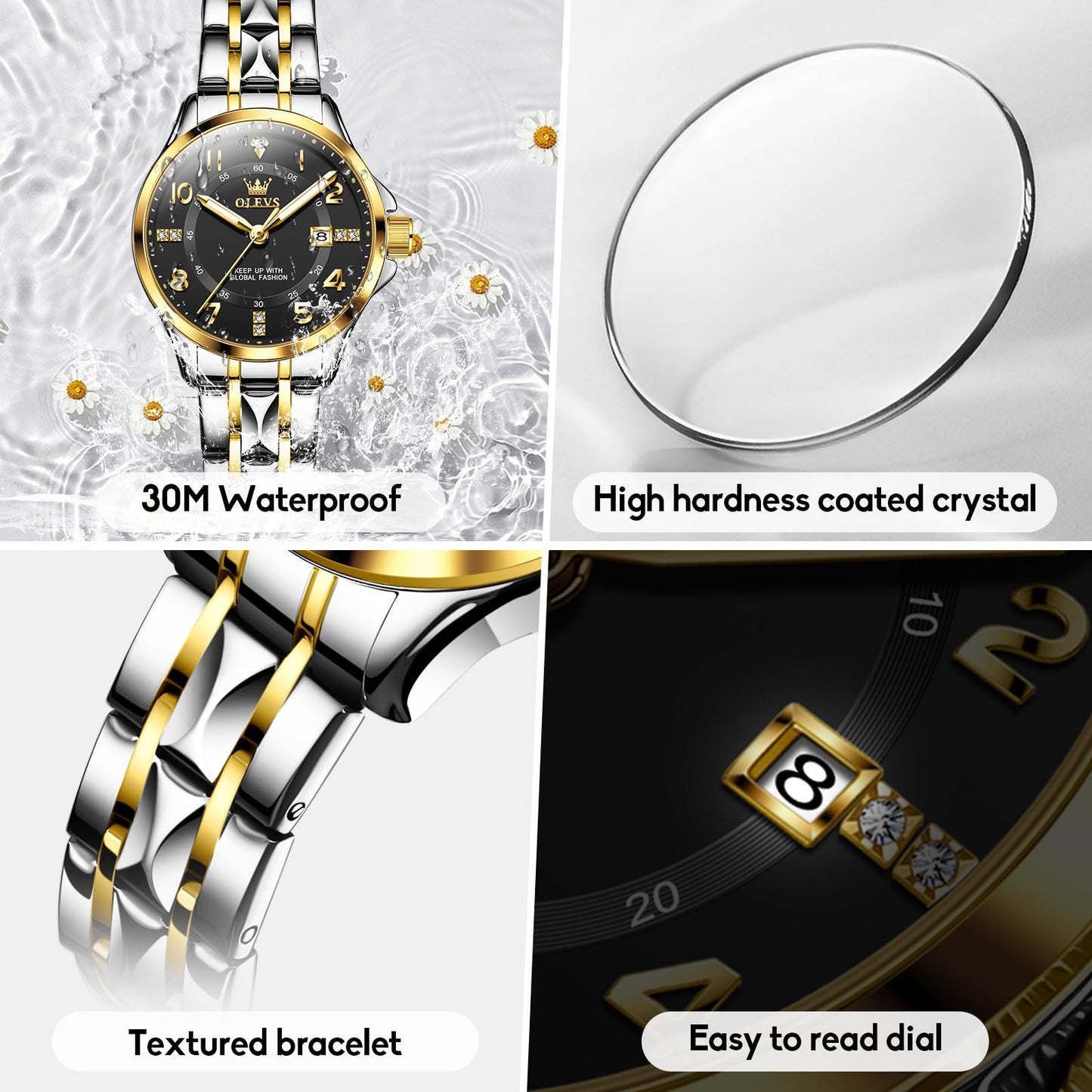 OLEVS Watch for Women Luxury Fashion Diamond Classic Arabic Dial Wrist Women's Watches with Date Waterproof Stainless Steel Quartz Ladies Watch