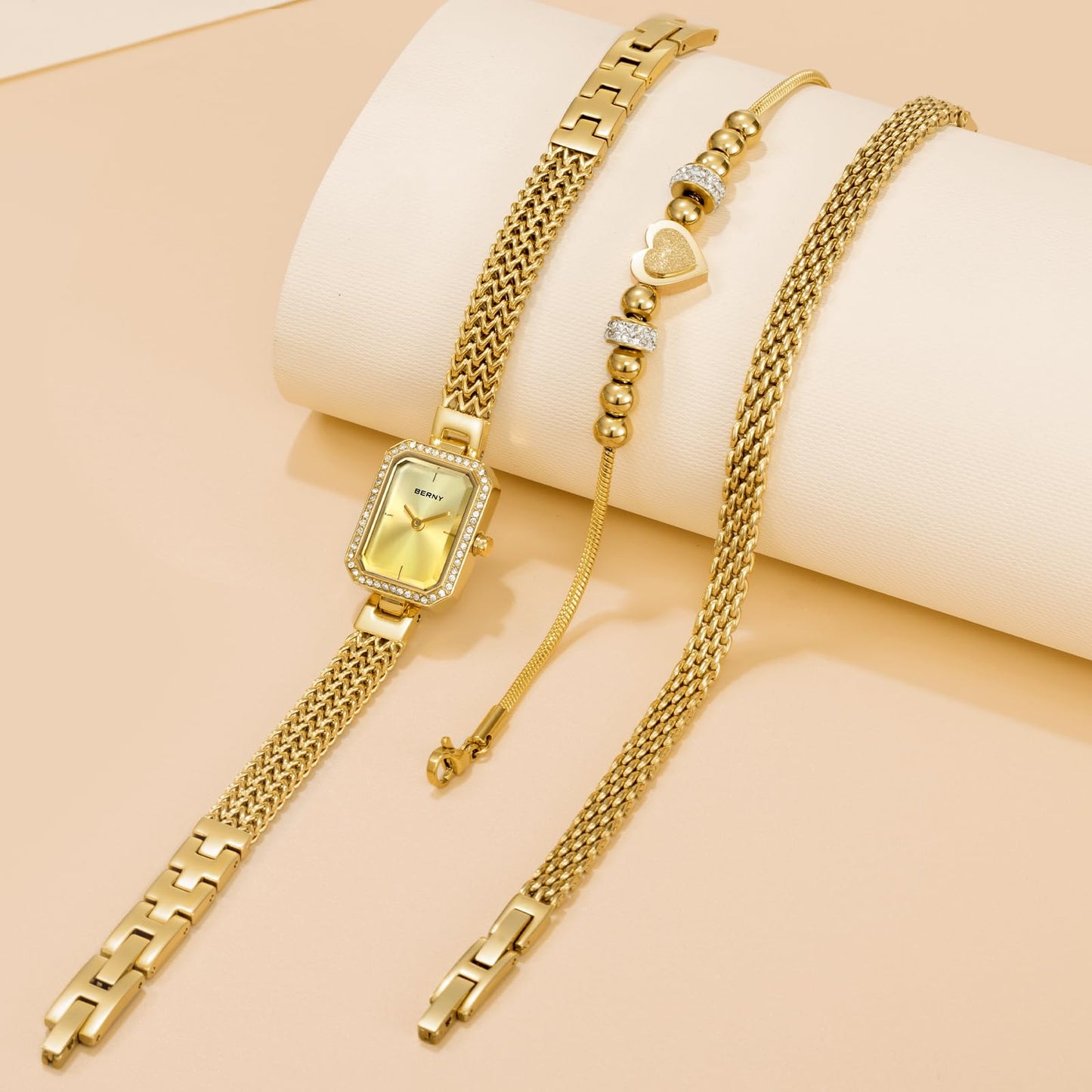 BERNY Silver Watches for Women Ladies Wrist Watch and Bracelet Set Dainty Quartz Bracelet Watch Premium Crystal Accented Fashion Luxury Birthday Present for Women