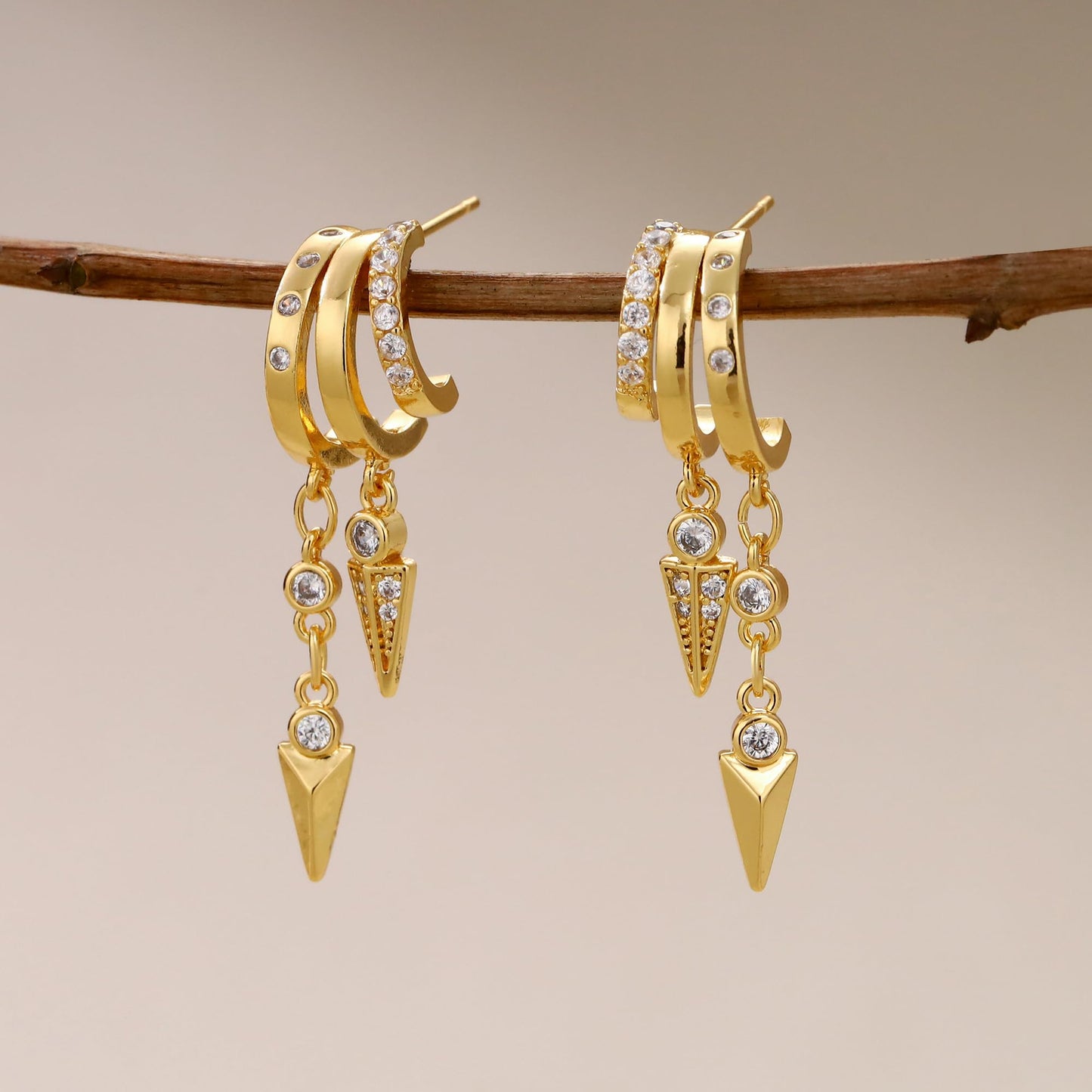 Gold Dangle Earrings for Women, 14k Gold Plated Stacked Triple Hoop Illusion Earrings Cubic Zirconia Huggie Earrings for Women Trendy