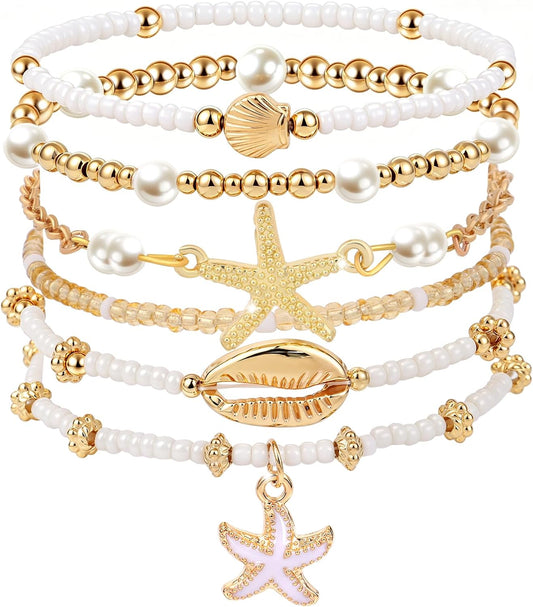 cow print Summer Beach Bracelets for Women Men, Stackable Seashell Starfish Beaded Bracelets, Seaside Holiday Vacation Party Birthday Gifts for Women Surfers Friends Her Him Family