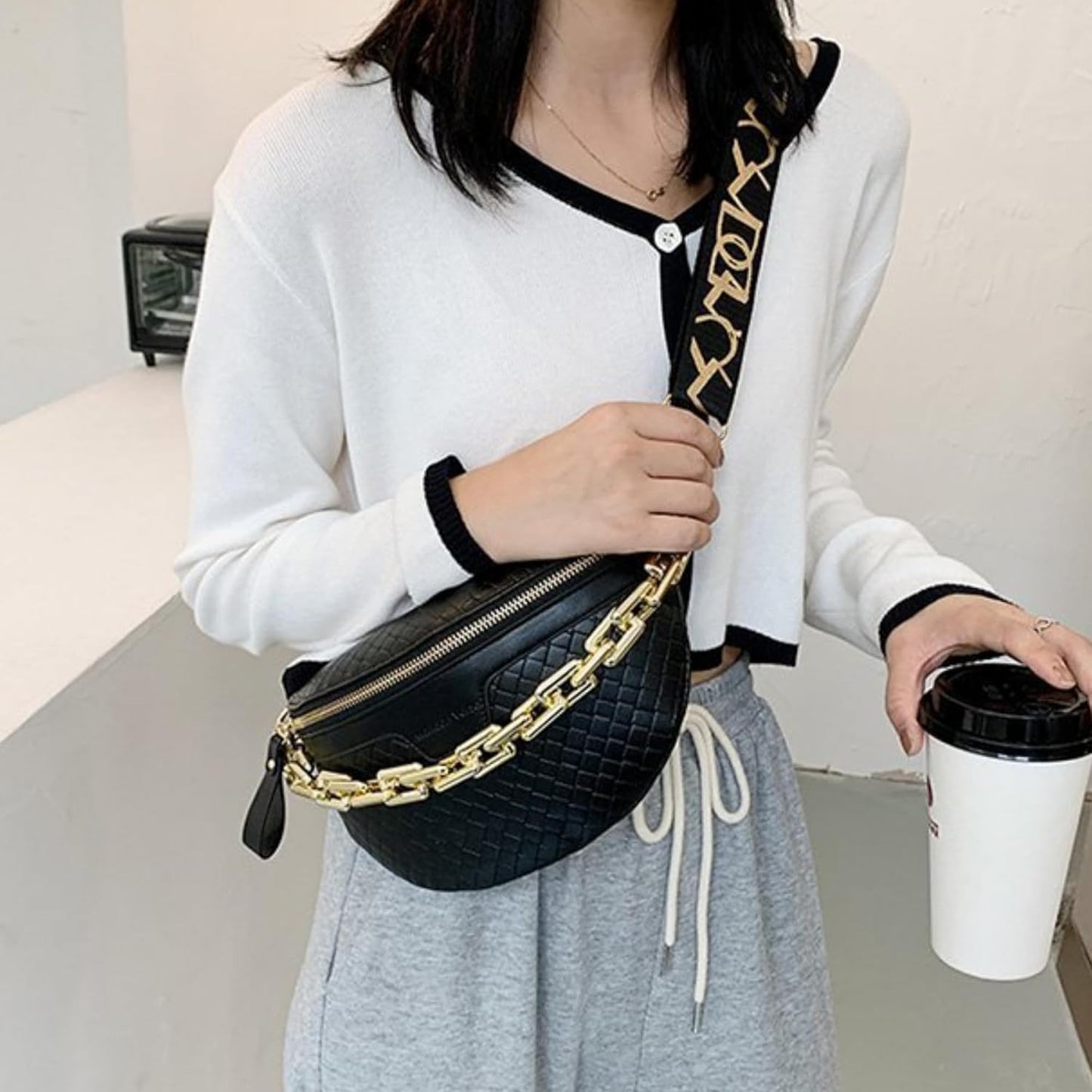 Thick Chain Women's Fanny Pack Plaid leather Waist Bag Shoulder Crossbody Chest Bags Luxury Designer Handbags Female Belt Bag