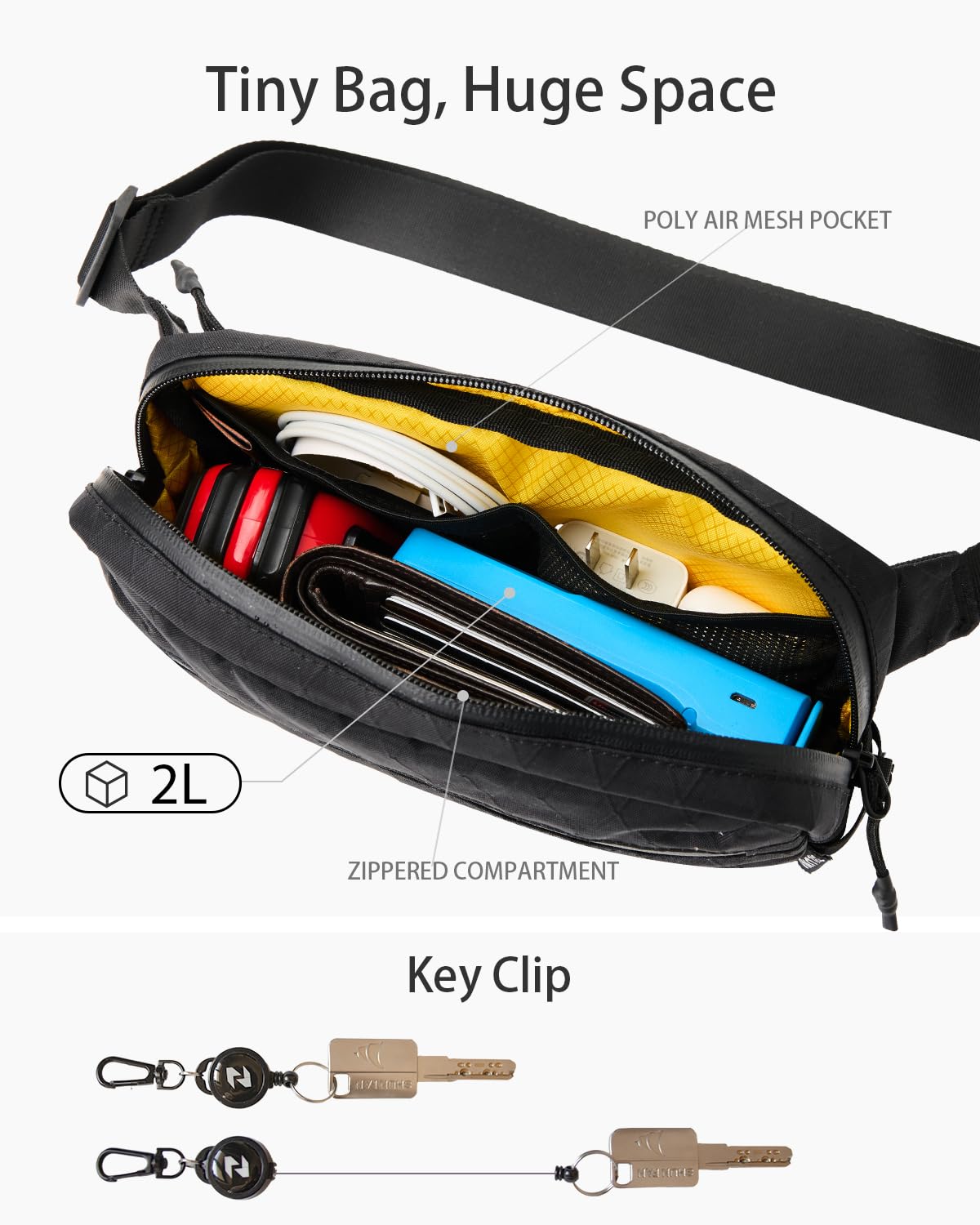2L Sling Bag for Men & Women - Anti-Theft RFID Blocking Fanny Pack with Lockable Zippers, Water Resistant Lightweight Crossbody Bag for Travel Hiking Running Gym Walking Daily Use(Black)