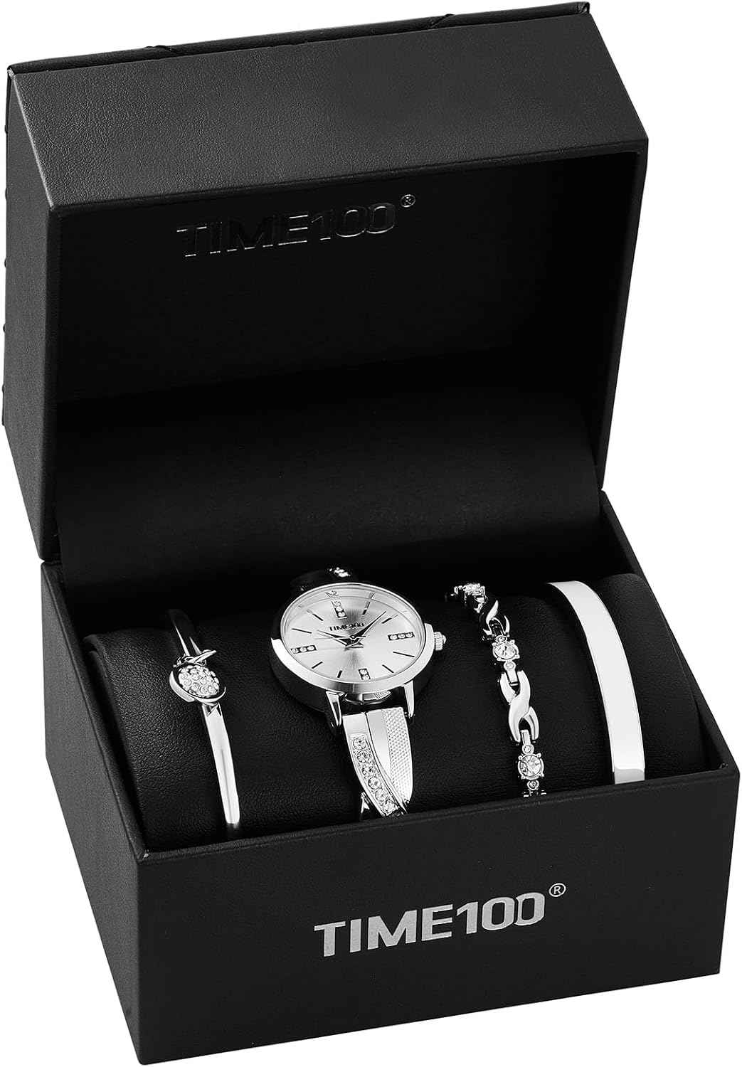 TIME100 Women's Bangle Watch and Gold Watch Chain Bracelets Premium Crystal Accented Bracelet Set W50888L