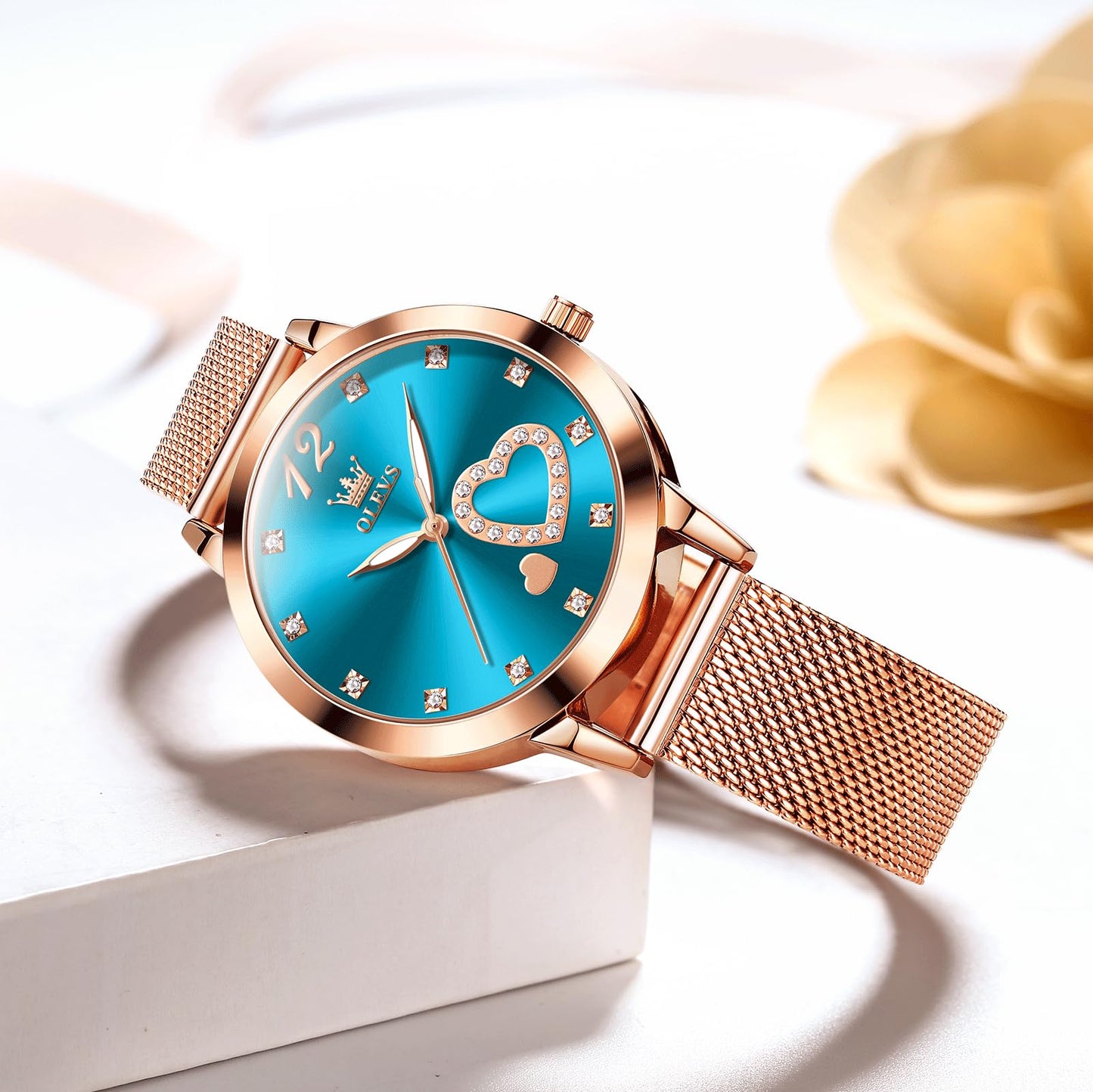 OLEVS Women's Small Wrist Rose Gold Tone Watch - Cute Diamond Heart Arabic Numerals Dial, Fashion Waterproof Mesh Bracelet Analog Dress for Ladies