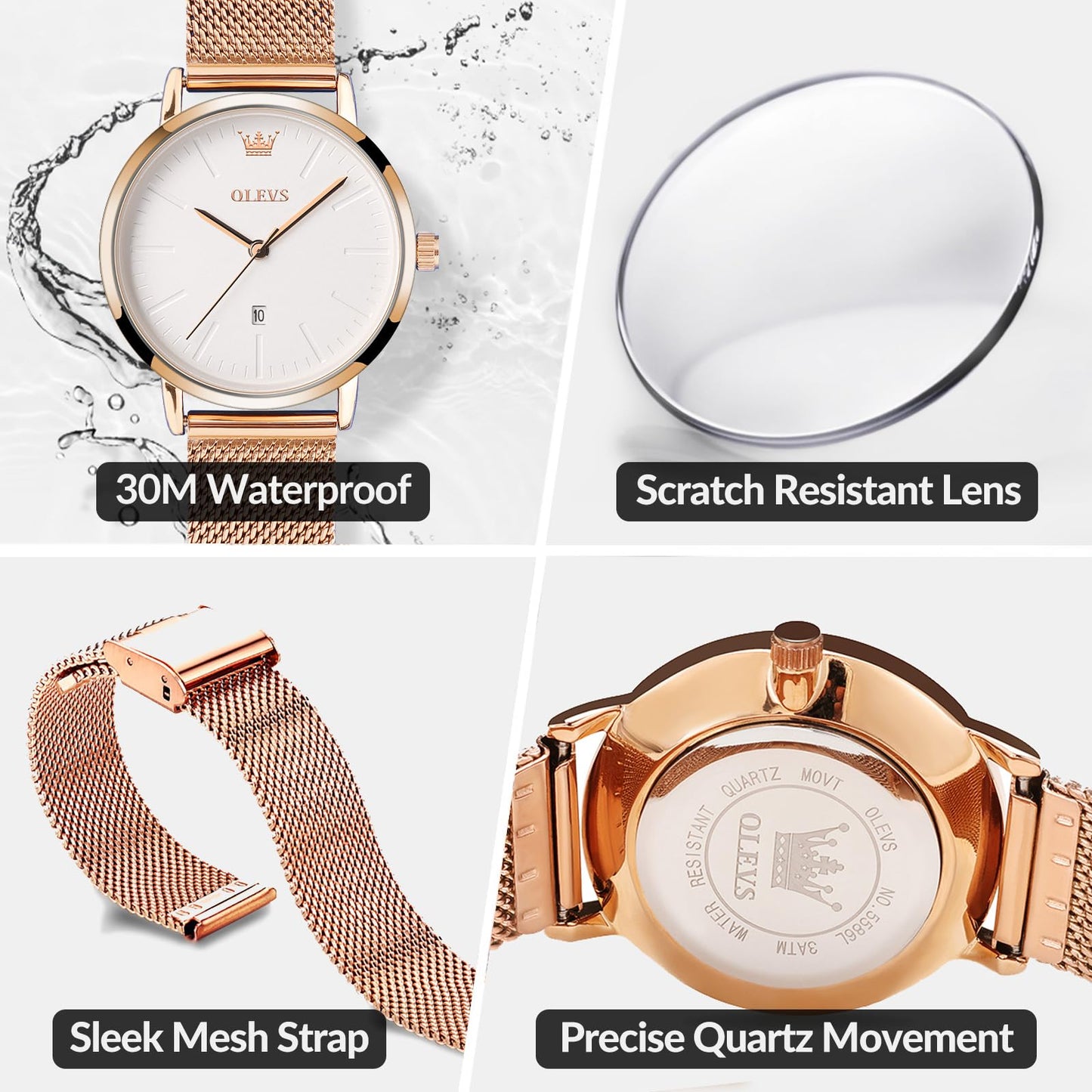 OLEVS Women's Mesh Bracelet Watch, Elegant Large Face Three Hand Analog Quartz Womens Wristwatch, Pretty Slim Date Display Waterproof Ladies Watches for Small Wrists
