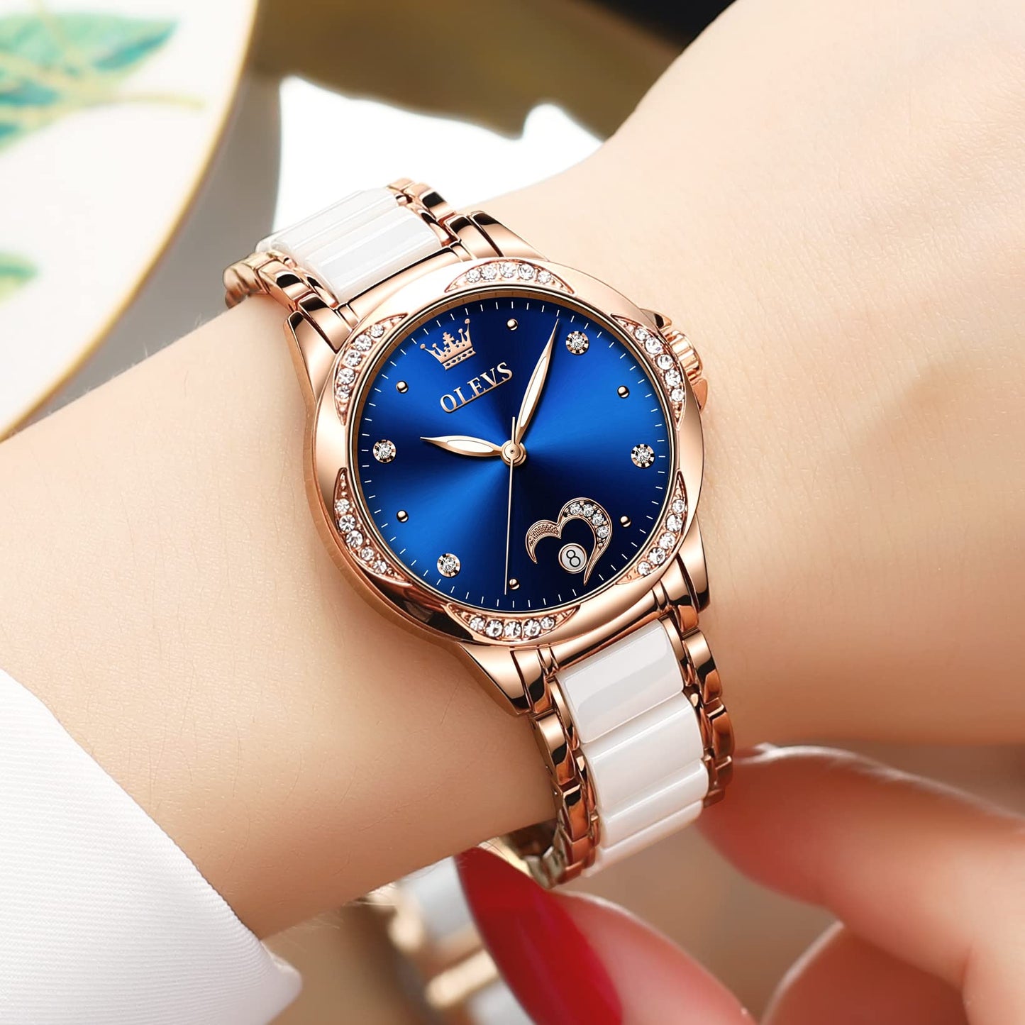 OLEVS Womens Automatic Watch, Premium Large Face Diamond Accented Self Winding Watches for Women, Fashion Waterproof Ladies Dress Watch, Two Tone Stainless Steel Ceramic Bracelet