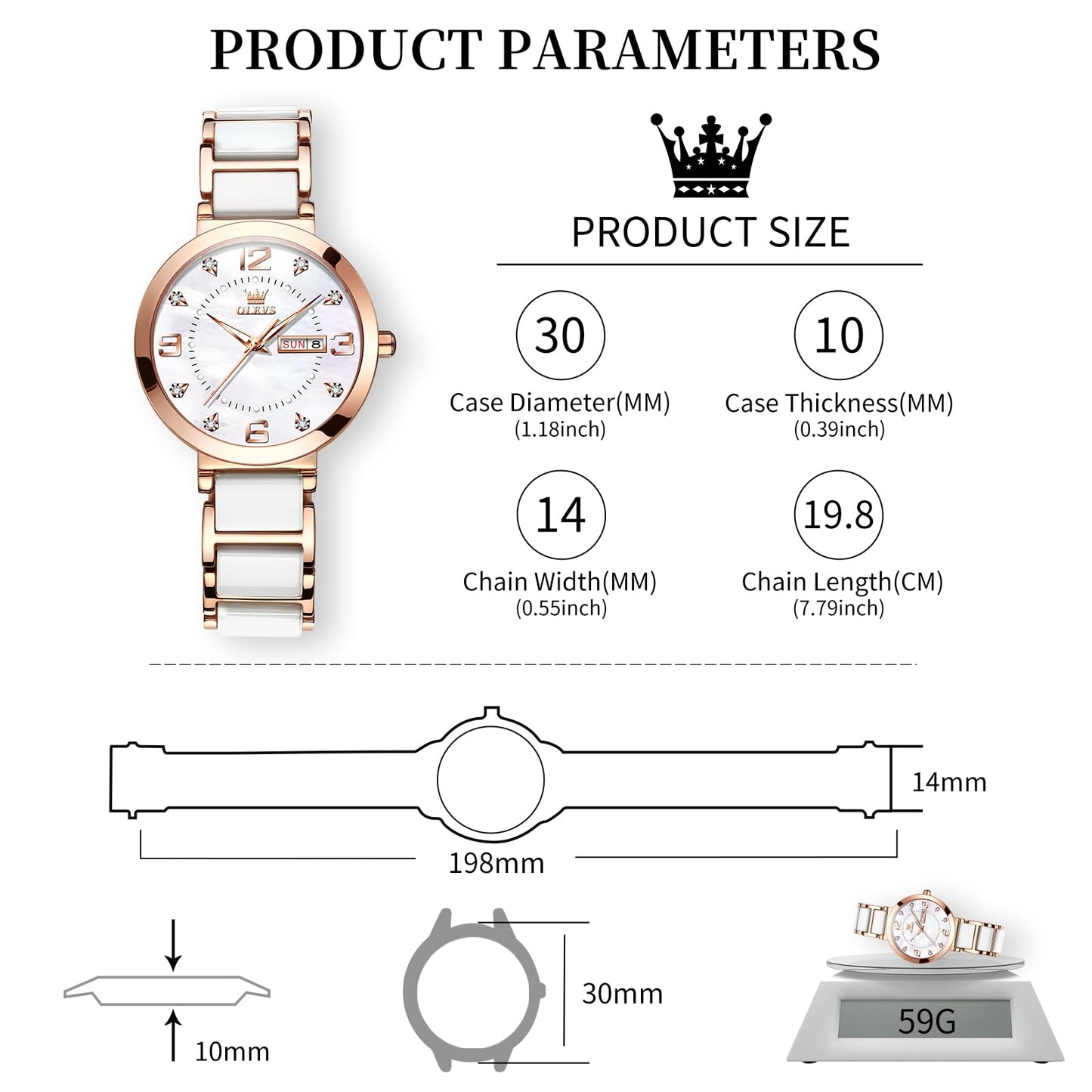 OLEVS Women's Watch Ceramic Band Waterproof Dress Watch Analog Quartz Watches Elegant Luxury Comfortable Wrist Watches with Date Day & Diamond White/Pink/Black Dial Gift for Her Reloj para Mujer
