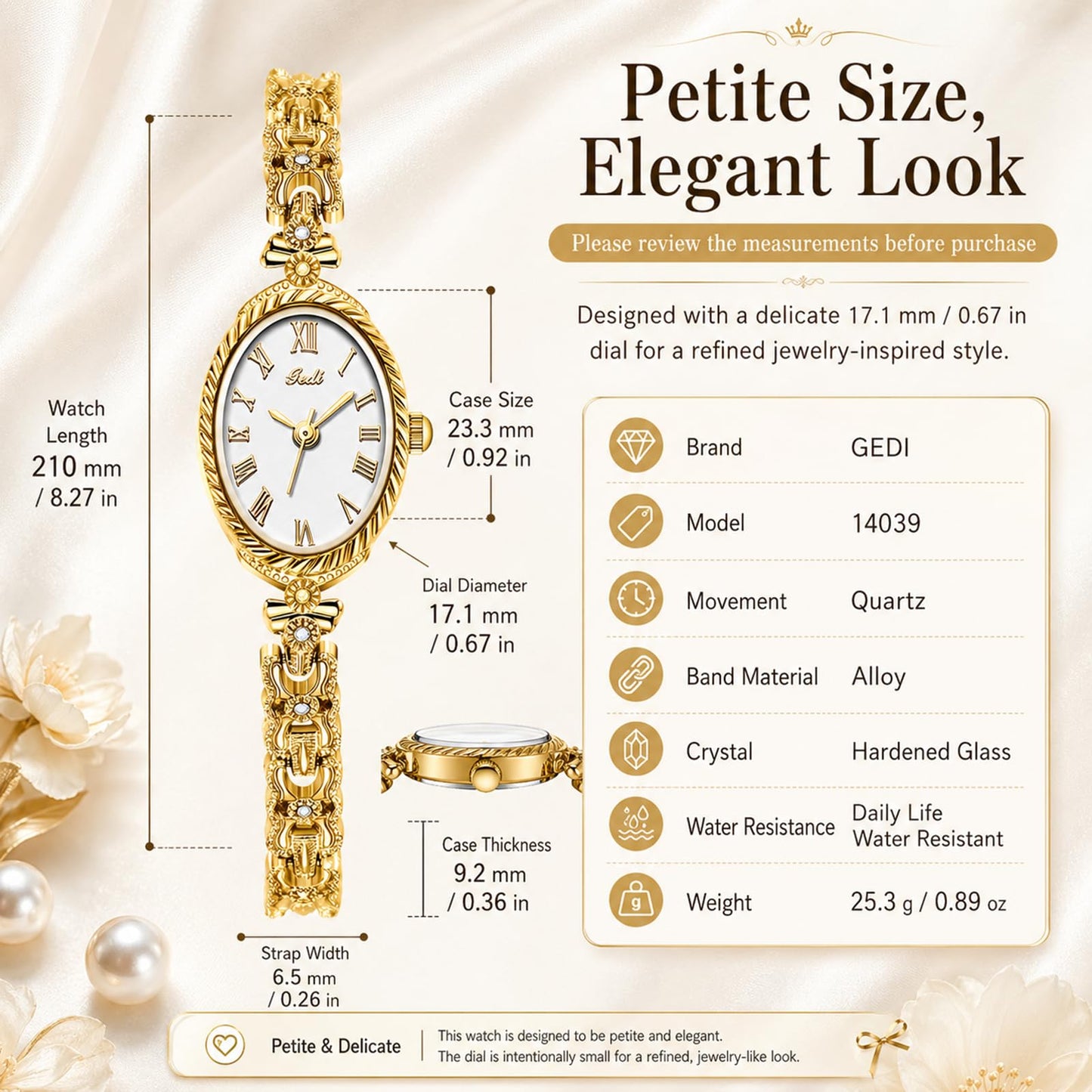 Gosasa Small Gold Watches for Women Vintage Dainty Oval Roman Numeral Dial Analog Slim Bracelet Alloy Band Water Resistant Dress Wrist Watch Elegant Gift