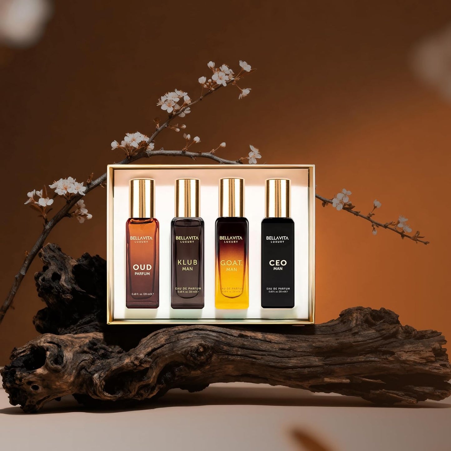 BellaVita Luxury Men's Perfume Gift Set with CEO Man, G.O.A.T., KLUB & OUD | 4 x 20ml (80ml) | Long Lasting Perfume for Men | Citrus, Woody, Patchouli & Caramel Notes | Gift for Father's Day