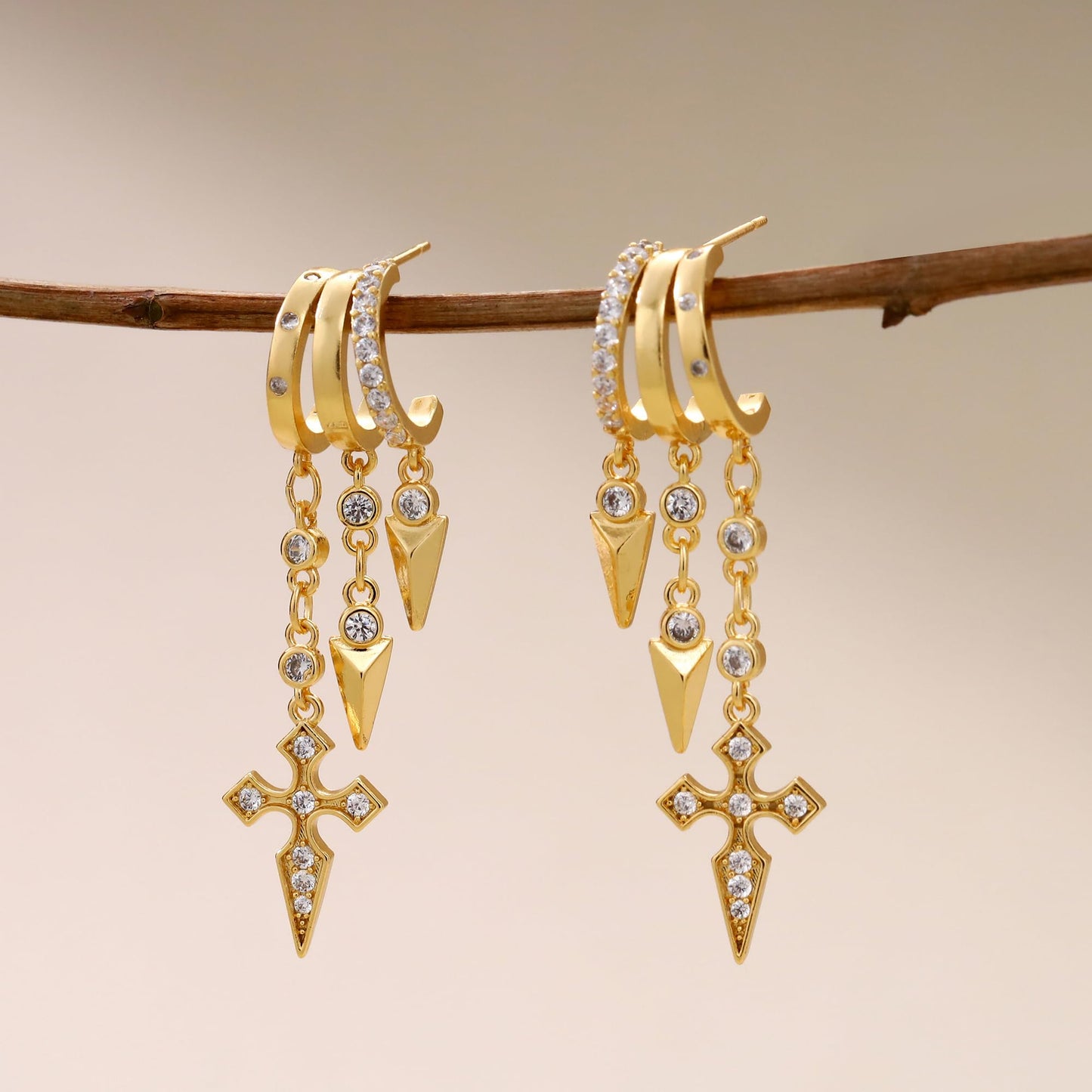 Gold Dangle Earrings for Women, 14k Gold Plated Stacked Triple Hoop Illusion Earrings Cubic Zirconia Huggie Earrings for Women Trendy