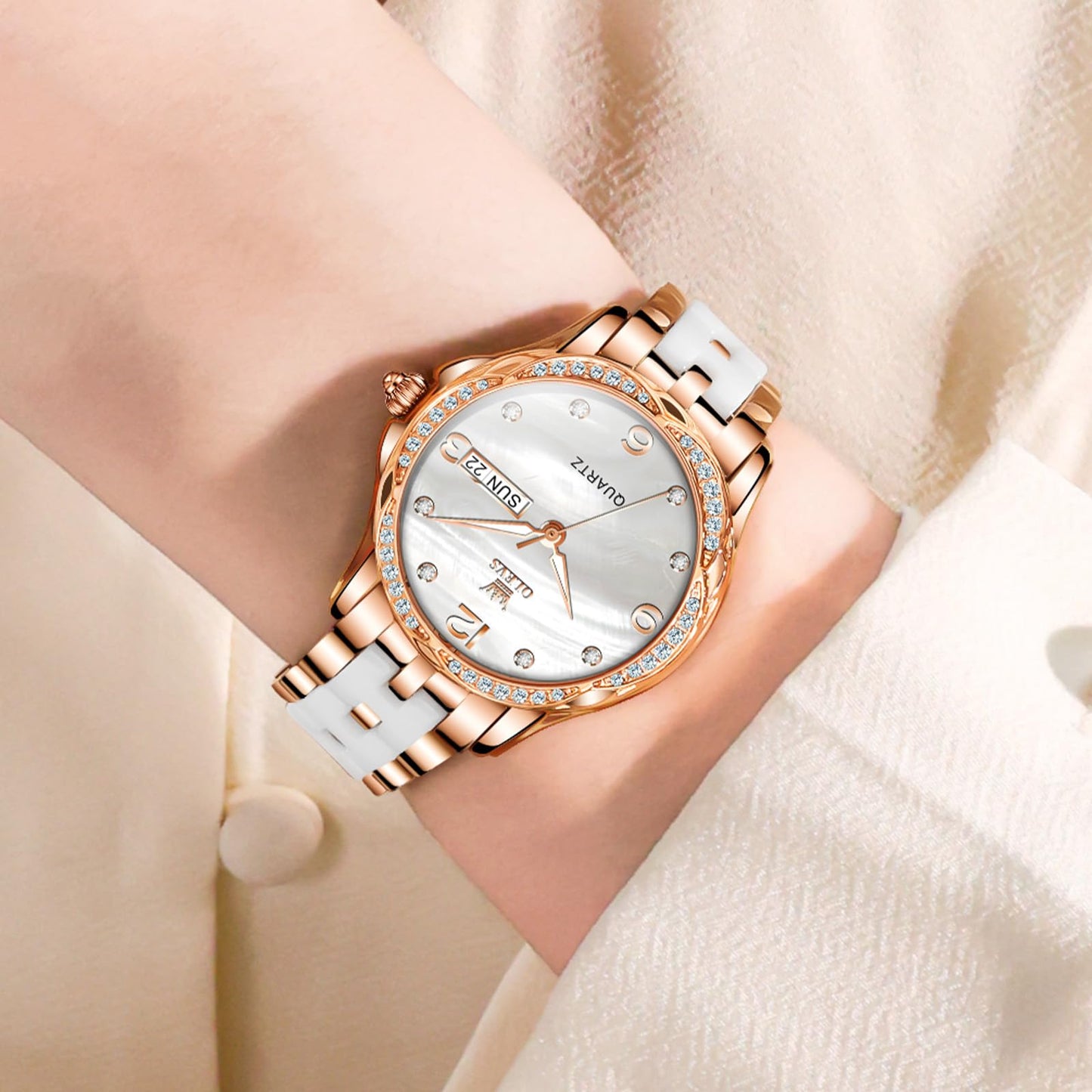 OLEVS Women's Watch Ceramic Band Waterproof Dress Watch Analog Quartz Watches Elegant Luxury Comfortable Wrist Watches with Date Day & Diamond White/Pink/Black Dial Gift for Her Reloj para Mujer