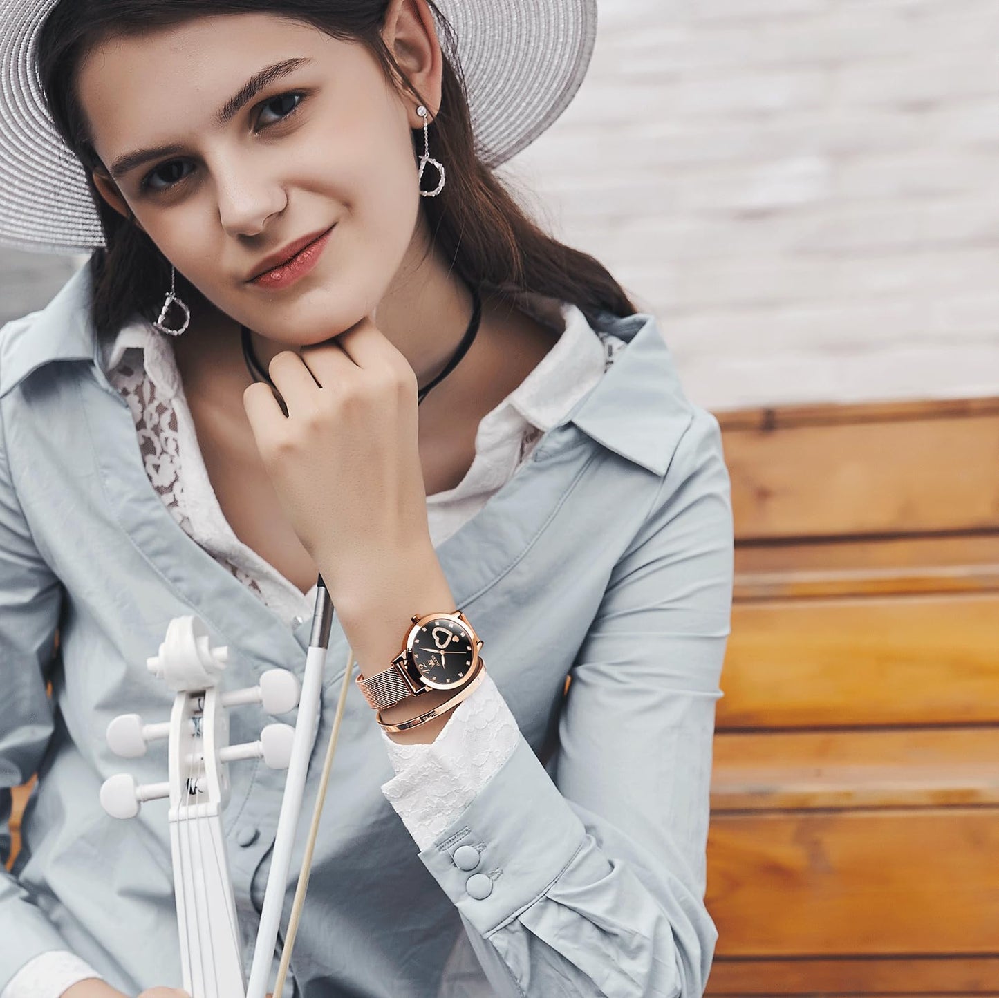 OLEVS Women's Small Wrist Rose Gold Tone Watch - Cute Diamond Heart Arabic Numerals Dial, Fashion Waterproof Mesh Bracelet Analog Dress for Ladies
