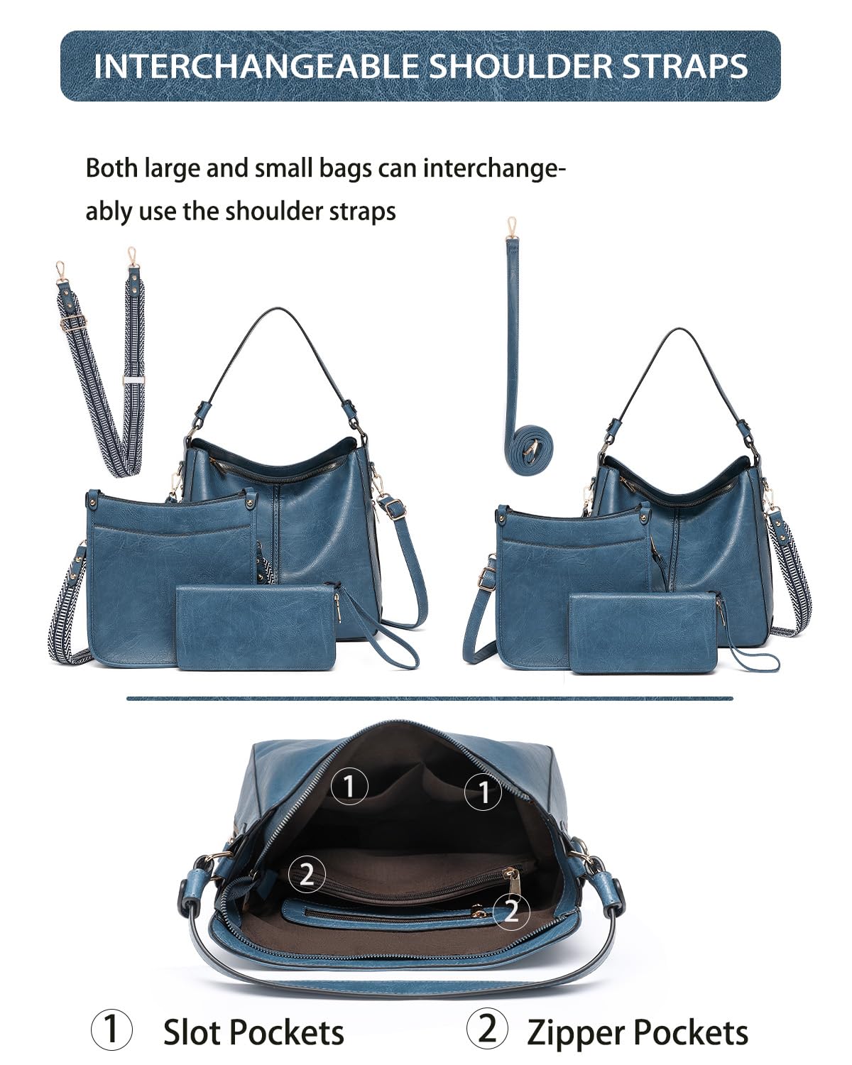 Purses for Women 3PCS, Crossbody Bags Set Large Leather Purse Shoulder Handbags with Wallet Adjustable Straps for Ladies Tote