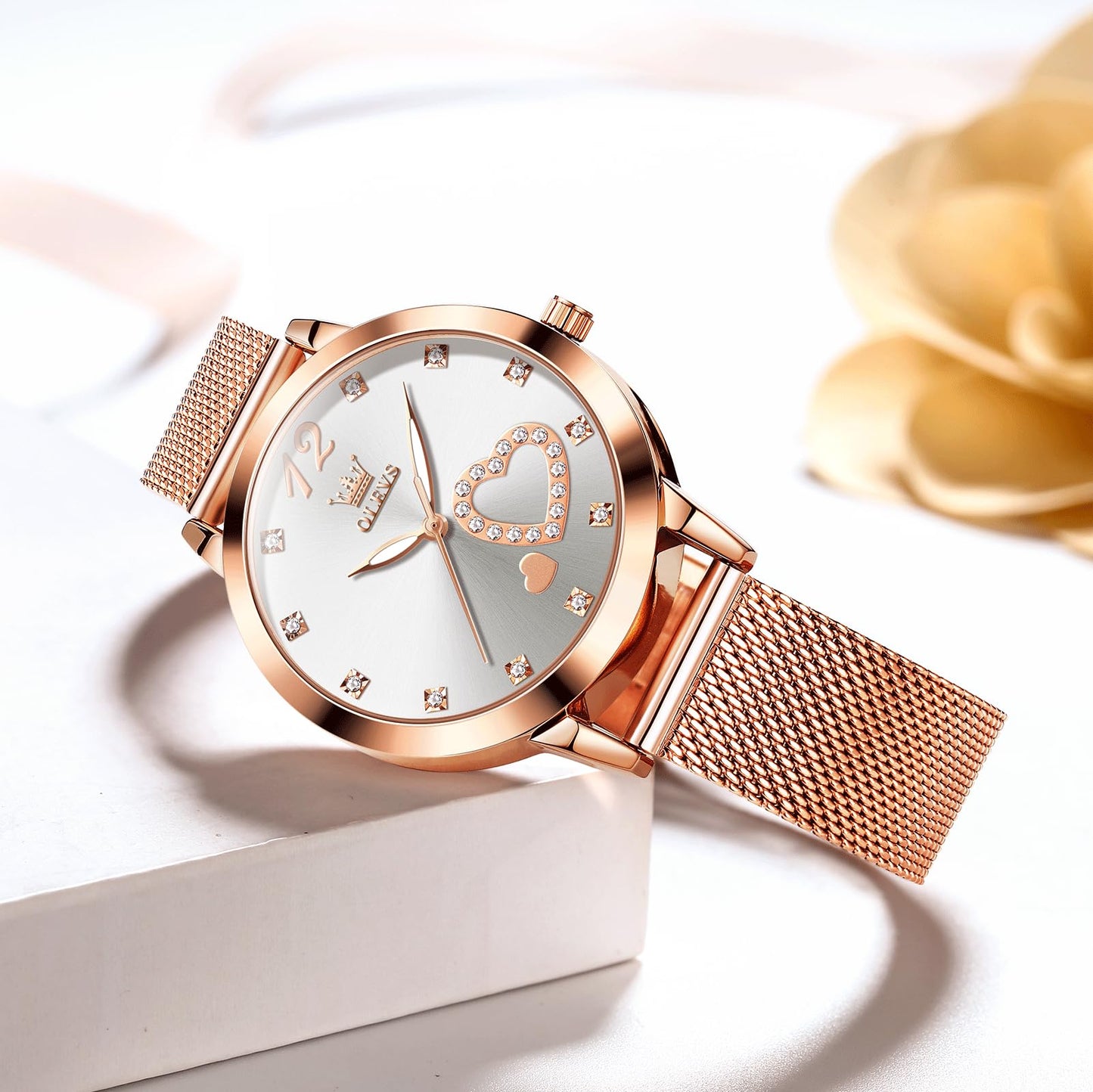 OLEVS Women's Small Wrist Rose Gold Tone Watch - Cute Diamond Heart Arabic Numerals Dial, Fashion Waterproof Mesh Bracelet Analog Dress for Ladies