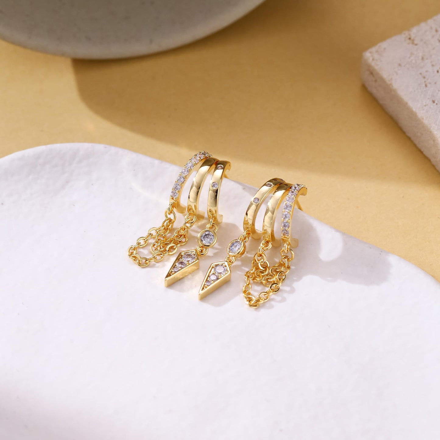 Gold Dangle Earrings for Women, 14k Gold Plated Stacked Triple Hoop Illusion Earrings Cubic Zirconia Huggie Earrings for Women Trendy
