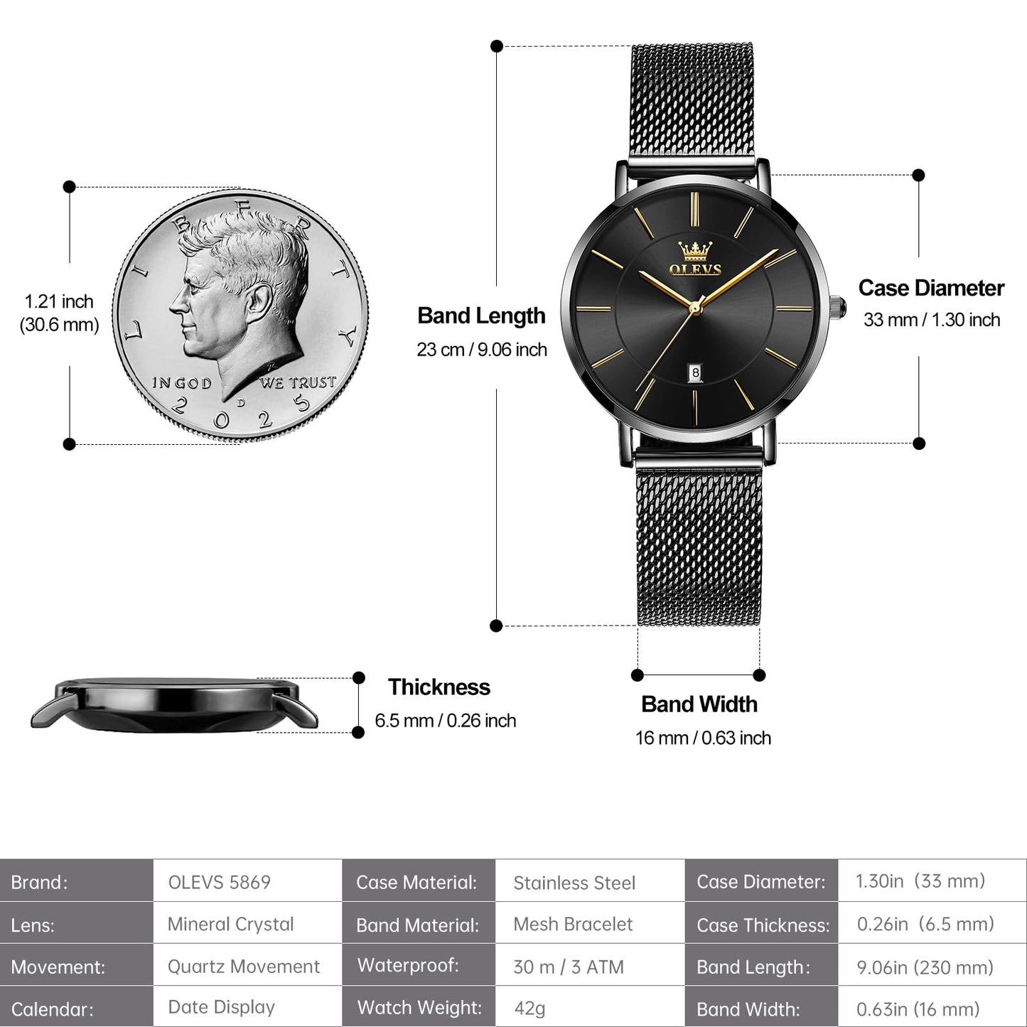 OLEVS Women's Mesh Bracelet Watch, Elegant Large Face Three Hand Analog Quartz Womens Wristwatch, Pretty Slim Date Display Waterproof Ladies Watches for Small Wrists