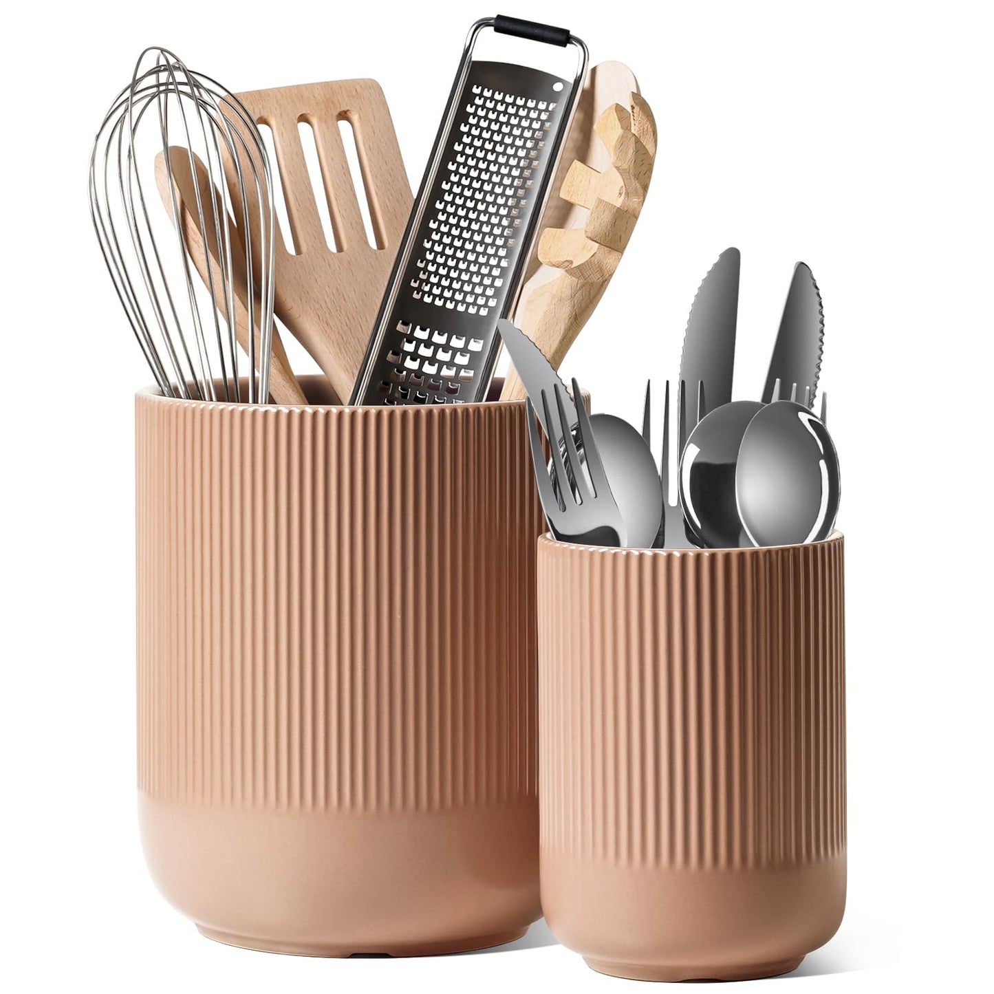 LE TAUCI Utensil Holder, 7.3"+5.4" Ceramic Cooking Tool Crocks for Countertop, Large Utensil Organizer for Kitchen Counter, Morden Kitchen Decor for Spatula and Flatware, Set of 2