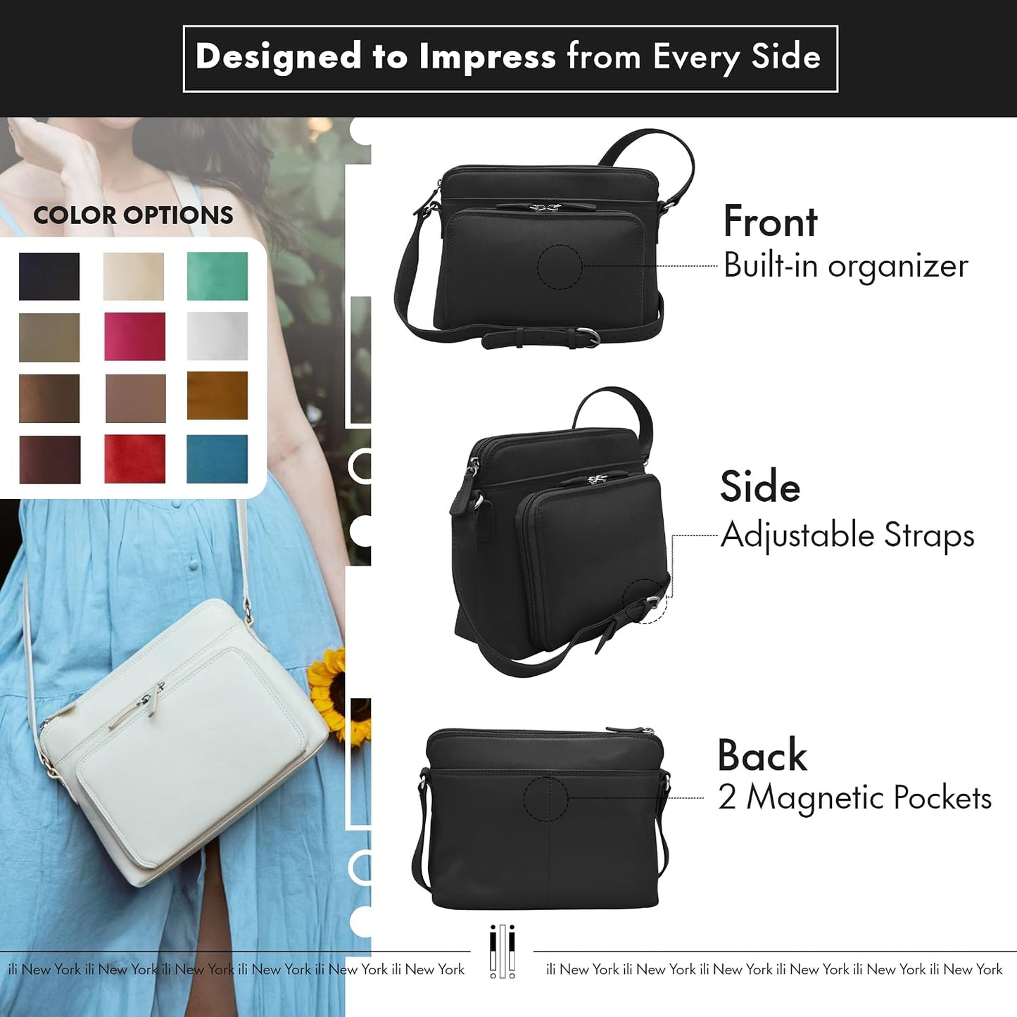 ili New York Genuine Leather Crossbody Bags with RFID Protection & Adjustable Straps - Antique Saddle & Black
