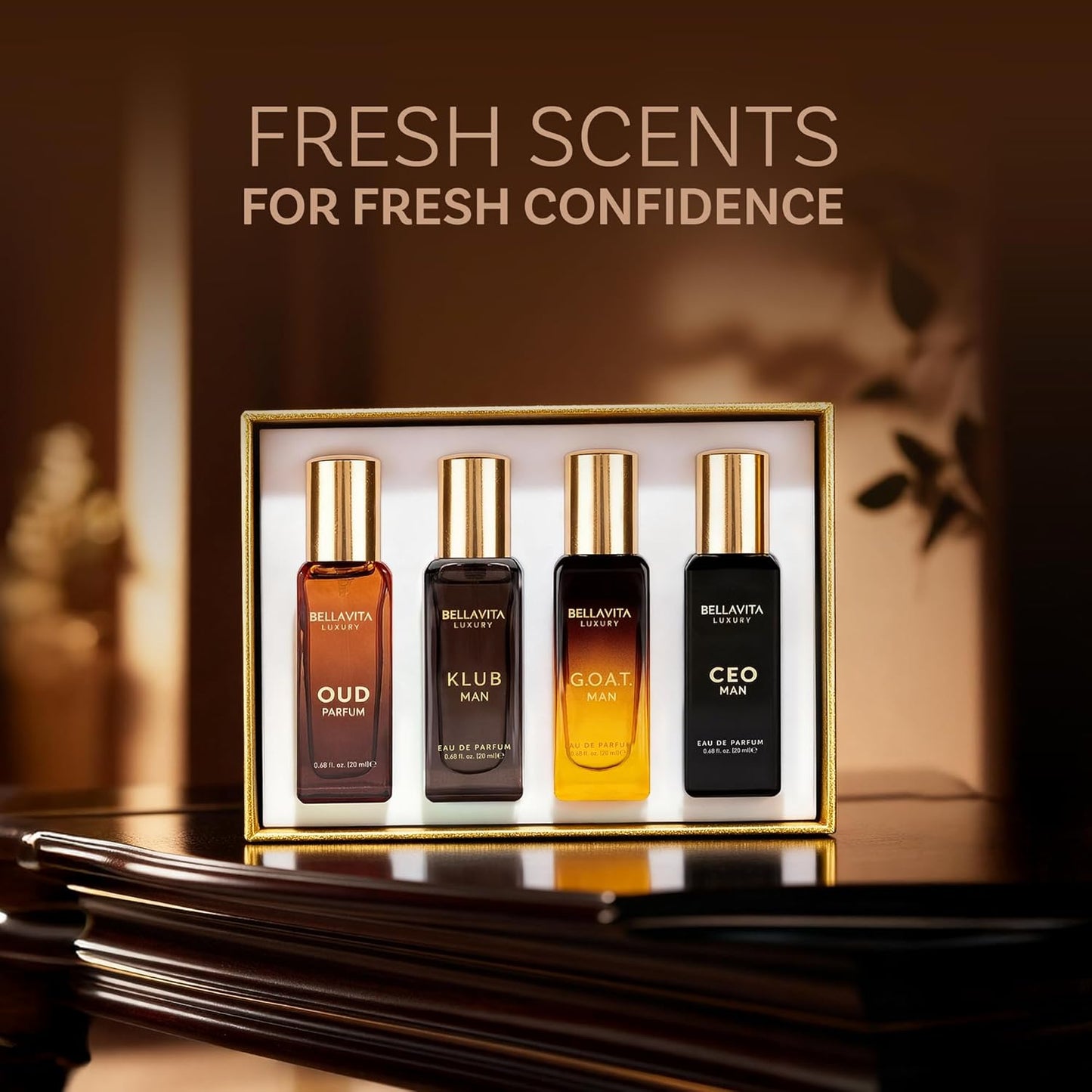 BellaVita Luxury Men's Perfume Gift Set with CEO Man, G.O.A.T., KLUB & OUD | 4 x 20ml (80ml) | Long Lasting Perfume for Men | Citrus, Woody, Patchouli & Caramel Notes | Gift for Father's Day